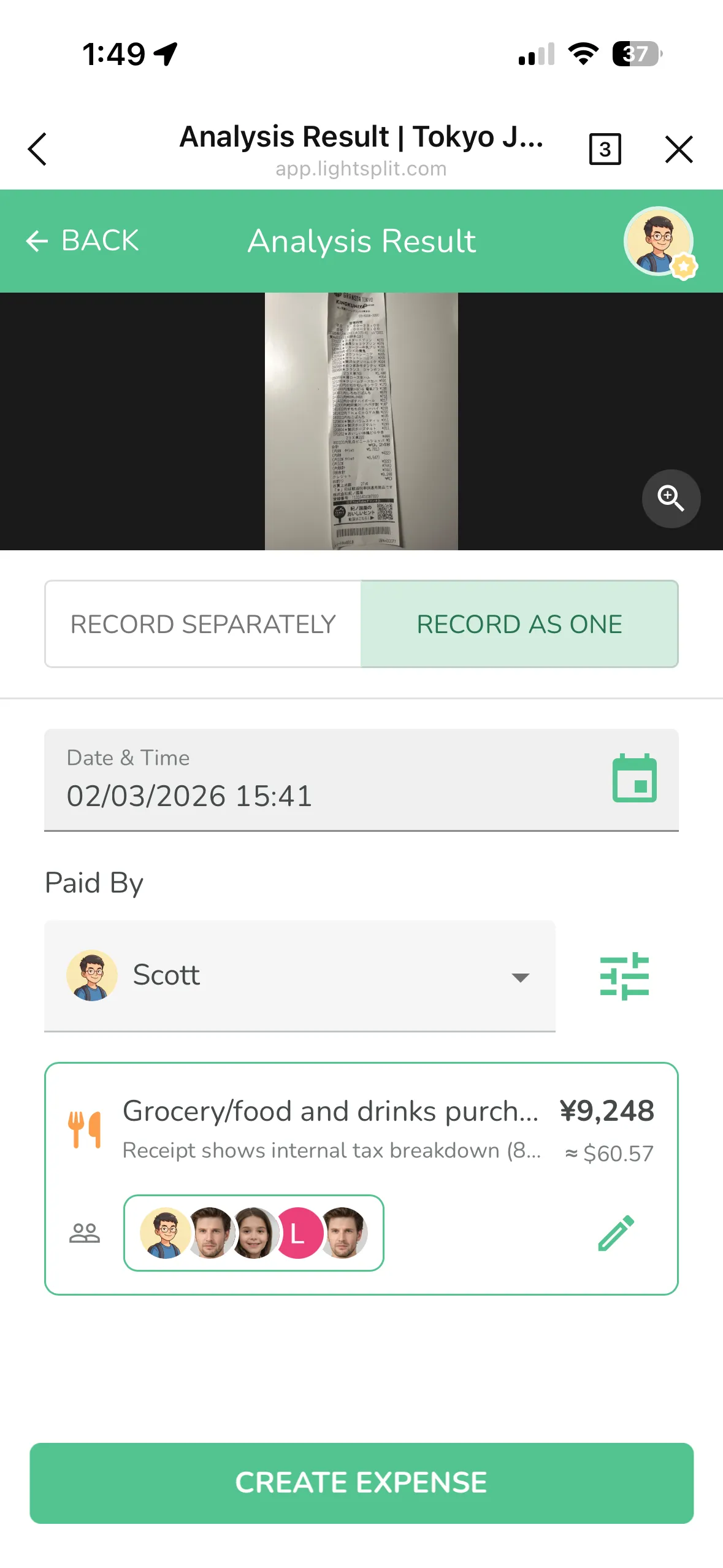 Analysis result: Single expense