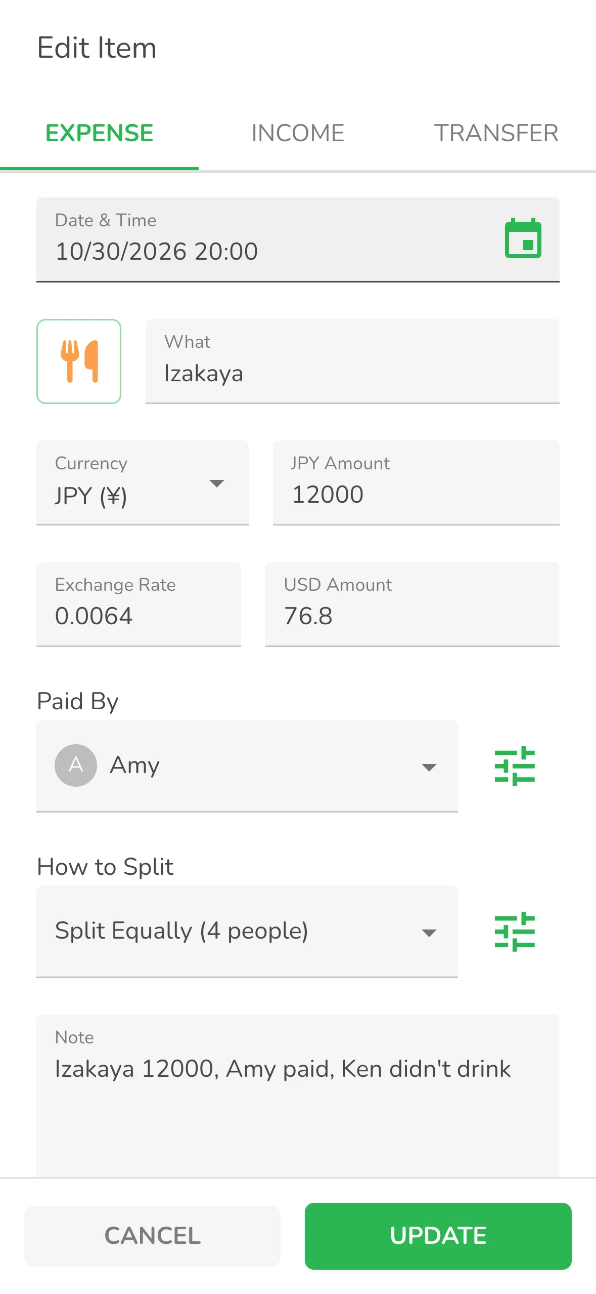 Editing an entry the AI picked up, changing who paid and how to split the bill