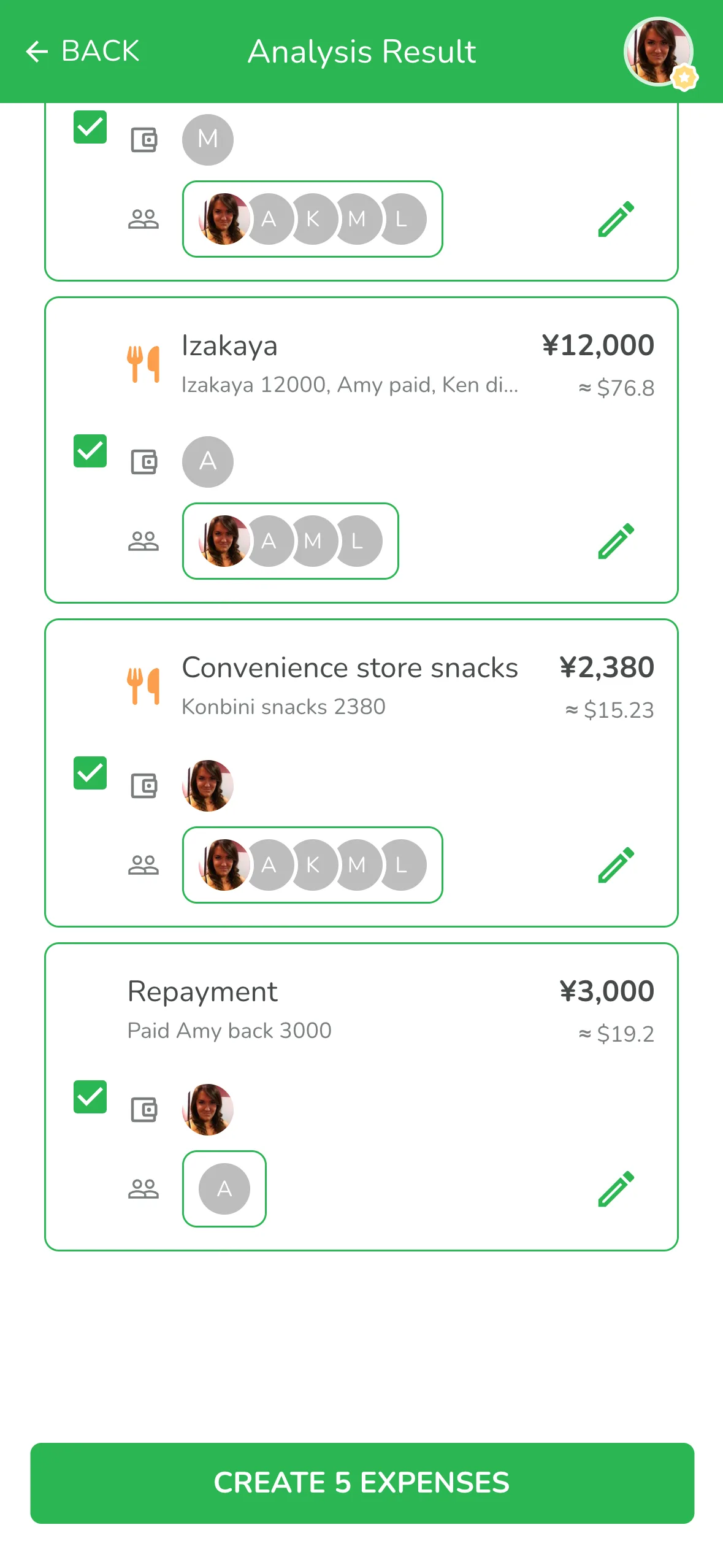 Bottom of the AI results: the konbini snacks are on you and the payback becomes a transfer to Amy