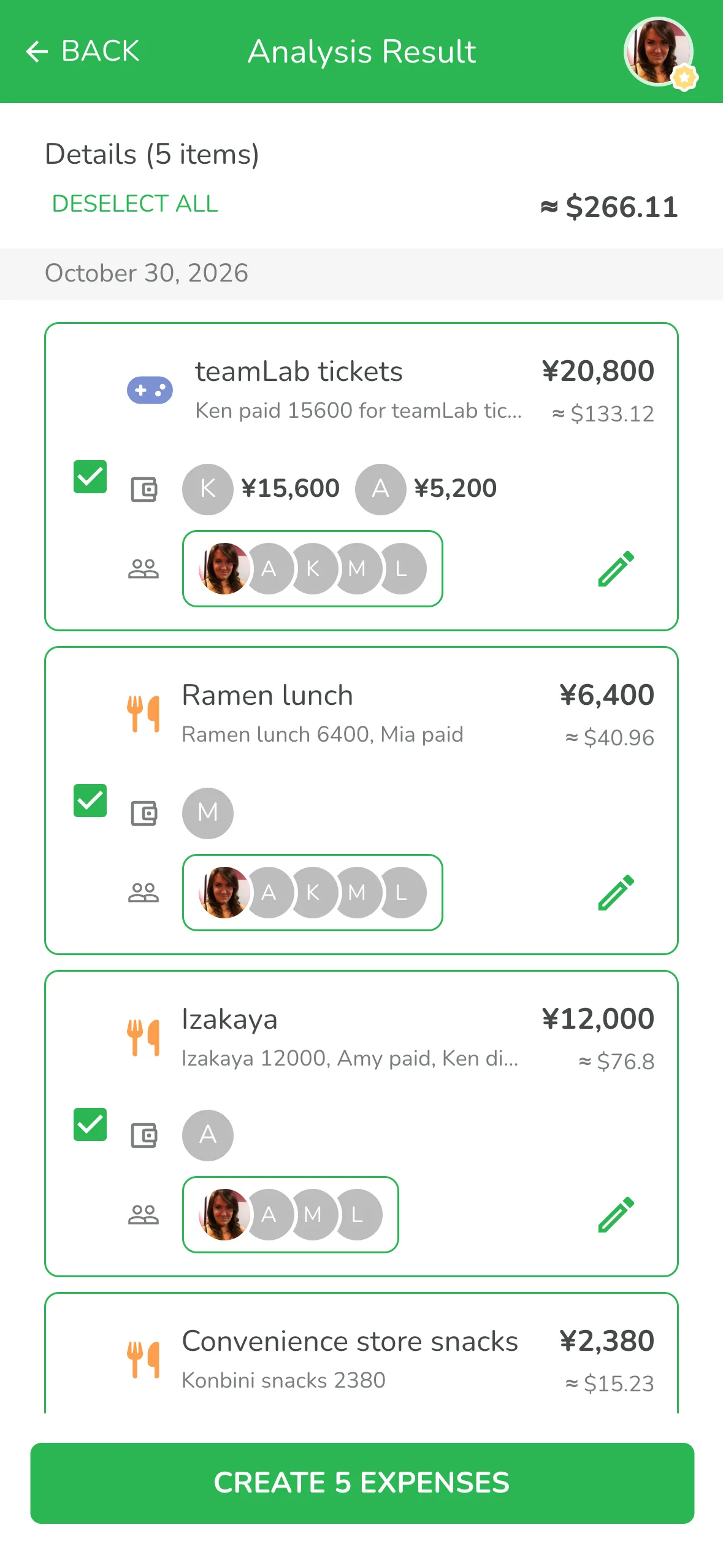 AI analysis result: one block of text split into five group expenses, with yen converted to US dollars