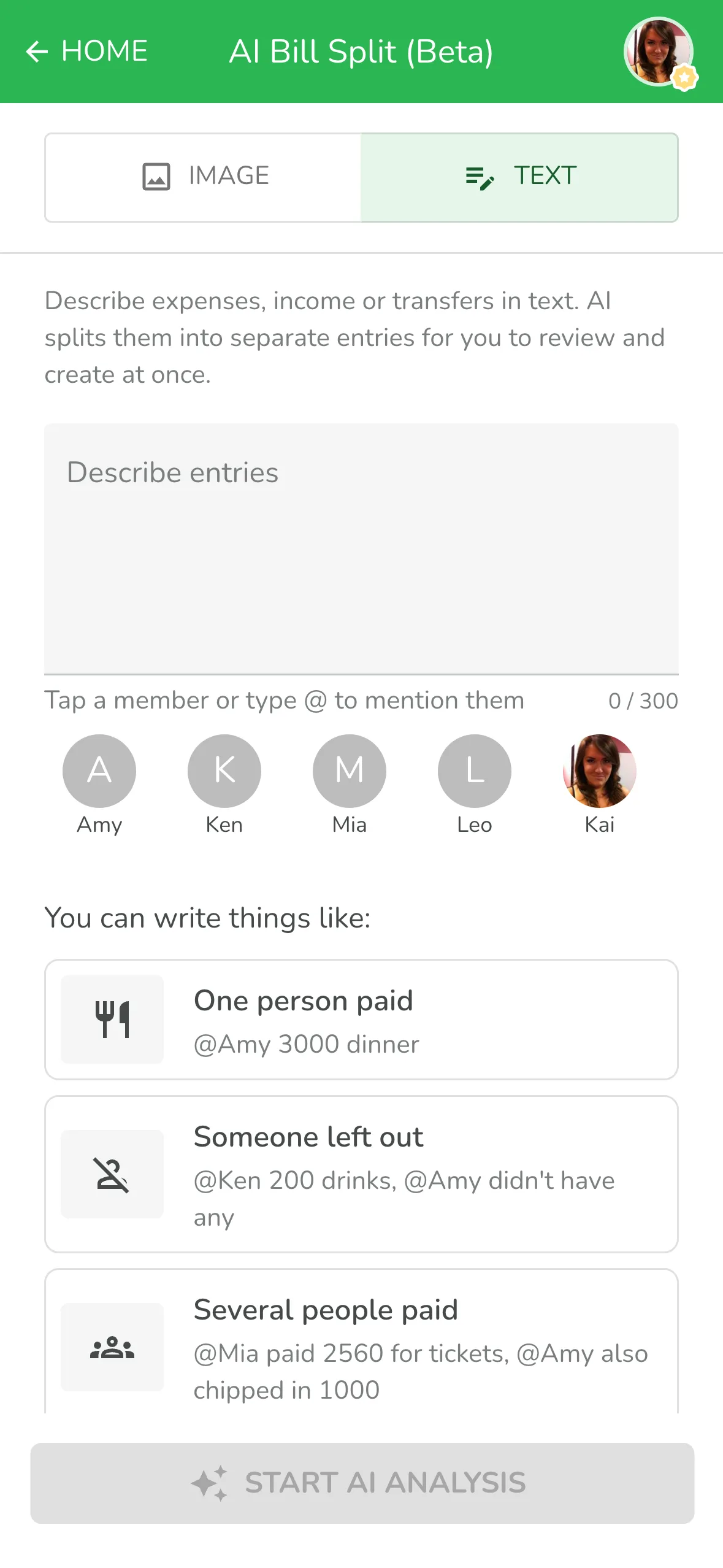 Text mode in Lightsplit's AI Bill Split, where you type one sentence to log and split group expenses