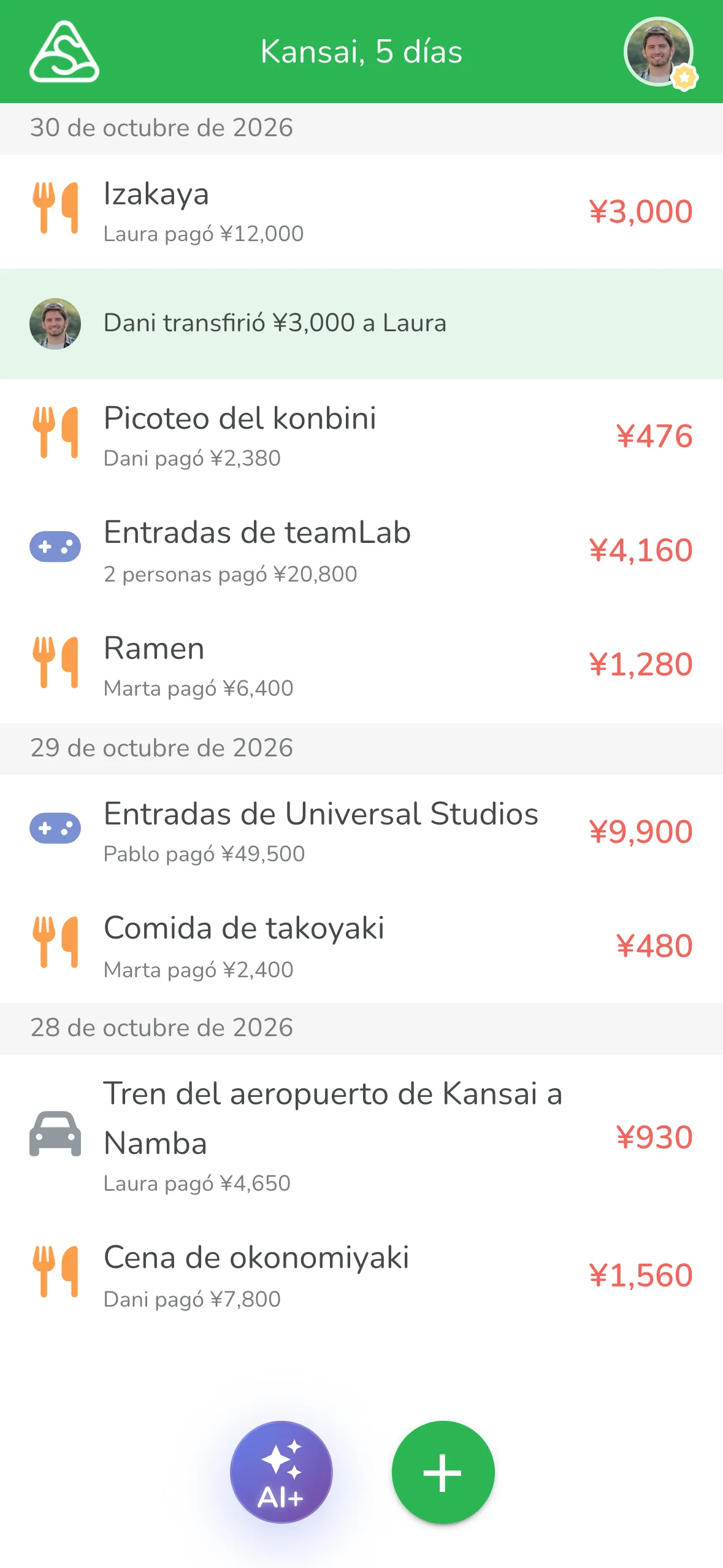 Los cinco registros nuevos en la lista del grupo de Lightsplit, creados con IA para repartir gastos de viaje