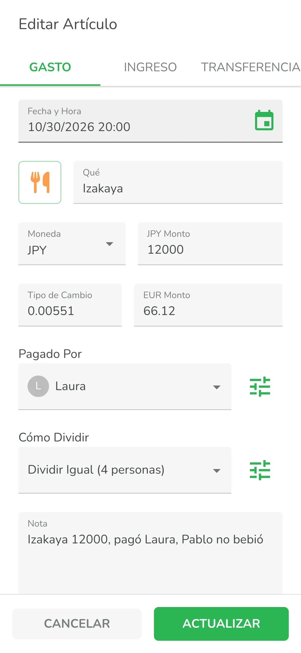 Edición de un registro detectado por la IA para cambiar quién pagó y cómo se divide la cuenta