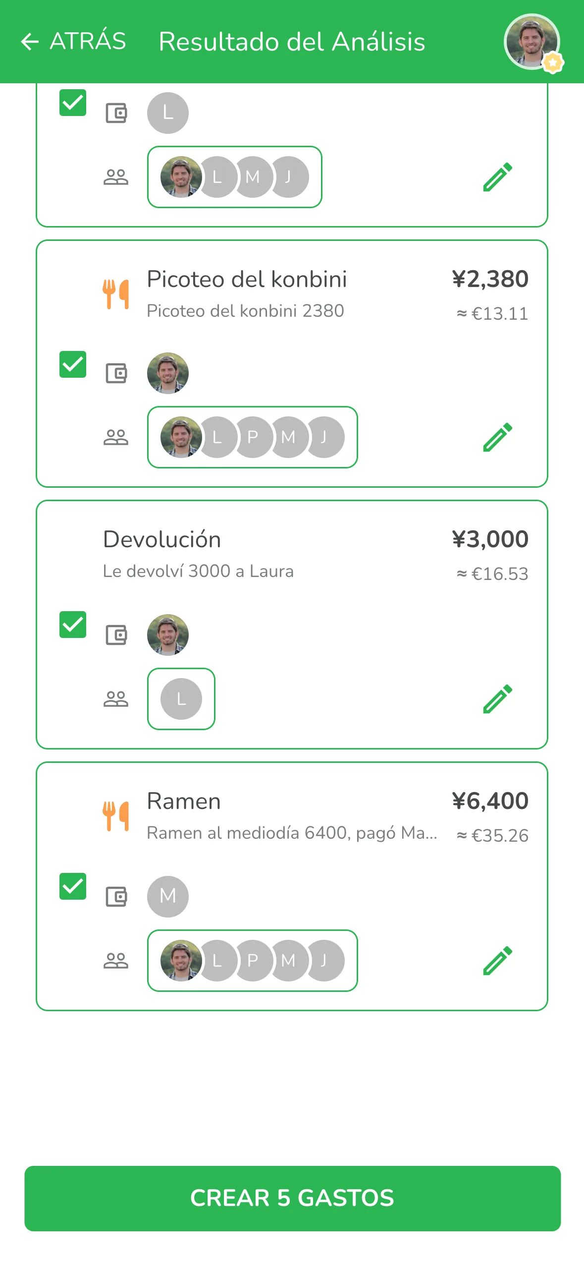 Parte final del resultado: el picoteo del konbini cuenta como pagado por ti y la devolución pasa a ser una transferencia