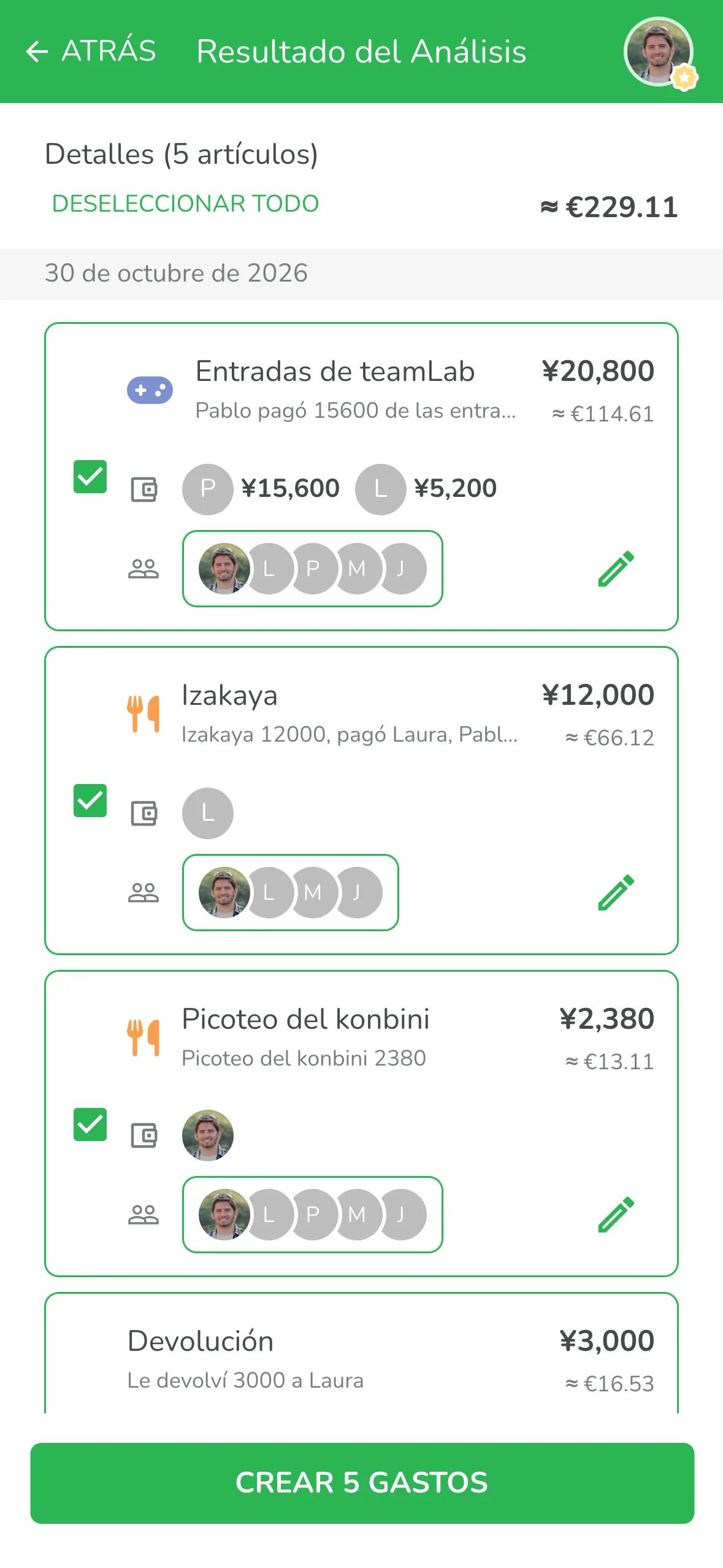 Resultado del análisis con IA: un texto convertido en cinco gastos del grupo, con los yenes pasados a euros