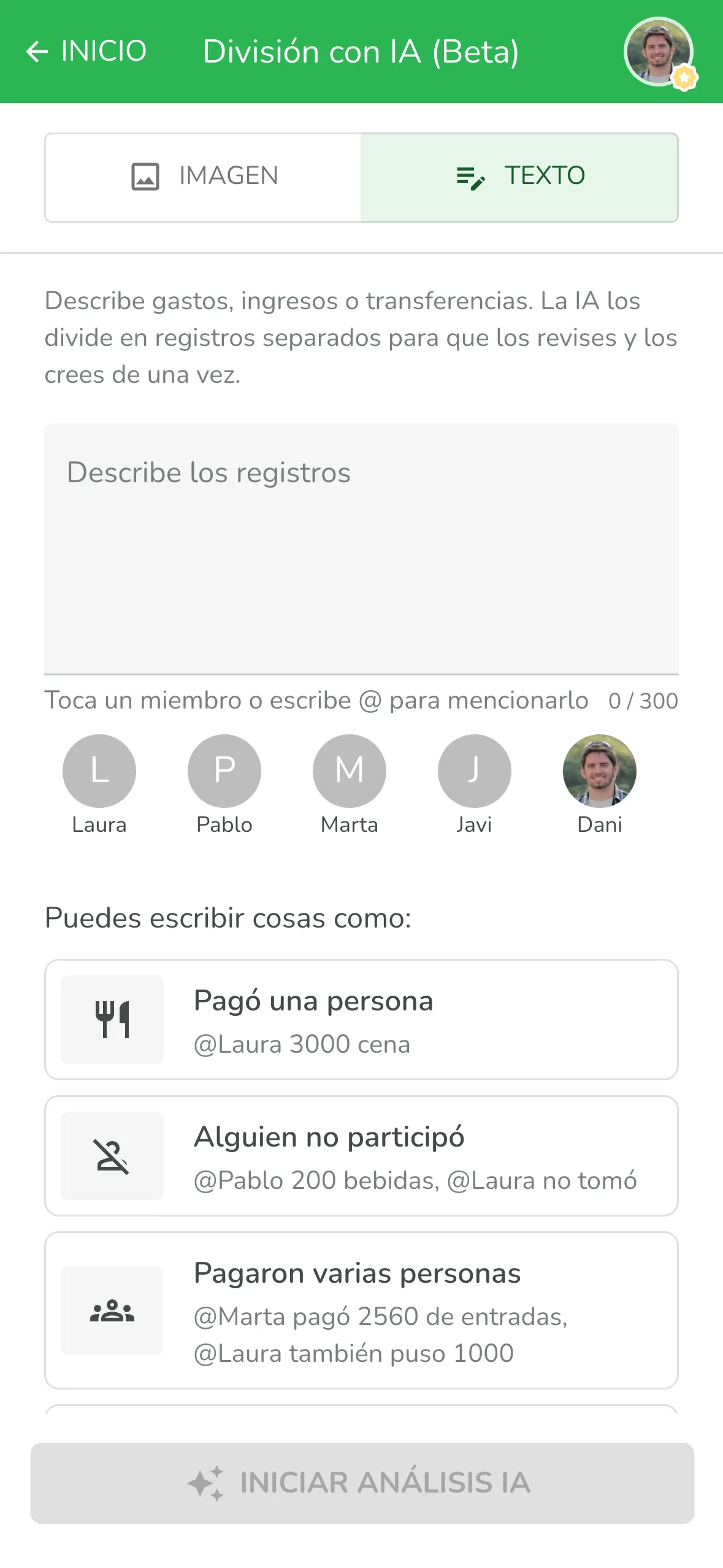Modo Texto de la División con IA de Lightsplit, la app para dividir gastos escribiendo una frase