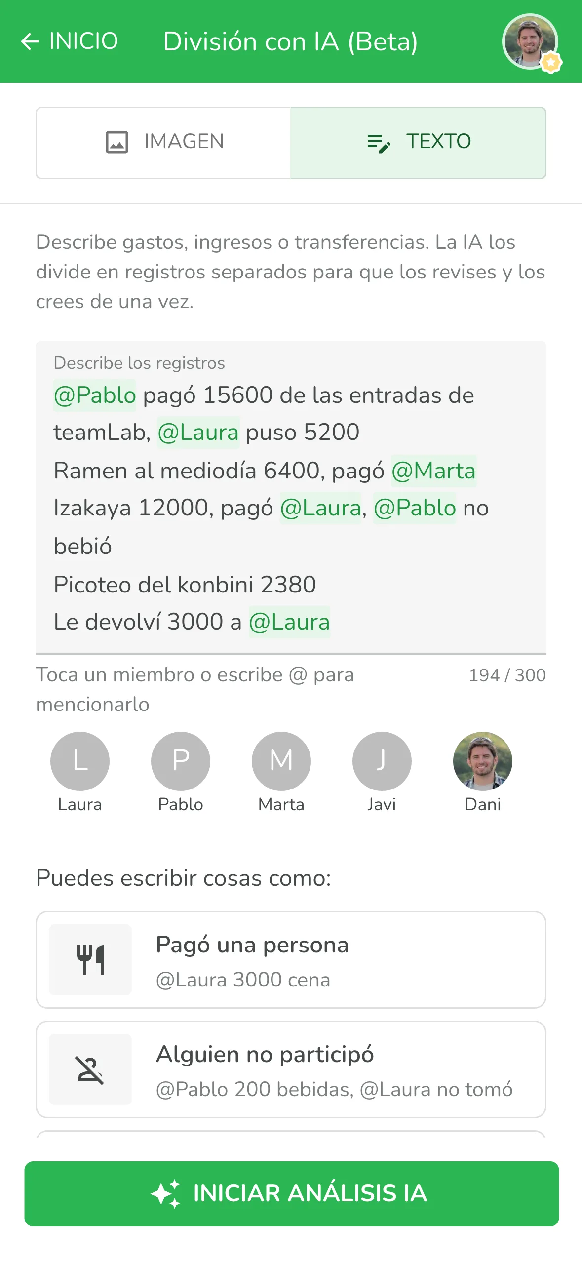 Los gastos de un día de viaje por Japón escritos en el cuadro de texto, mencionando con @ a quien pagó