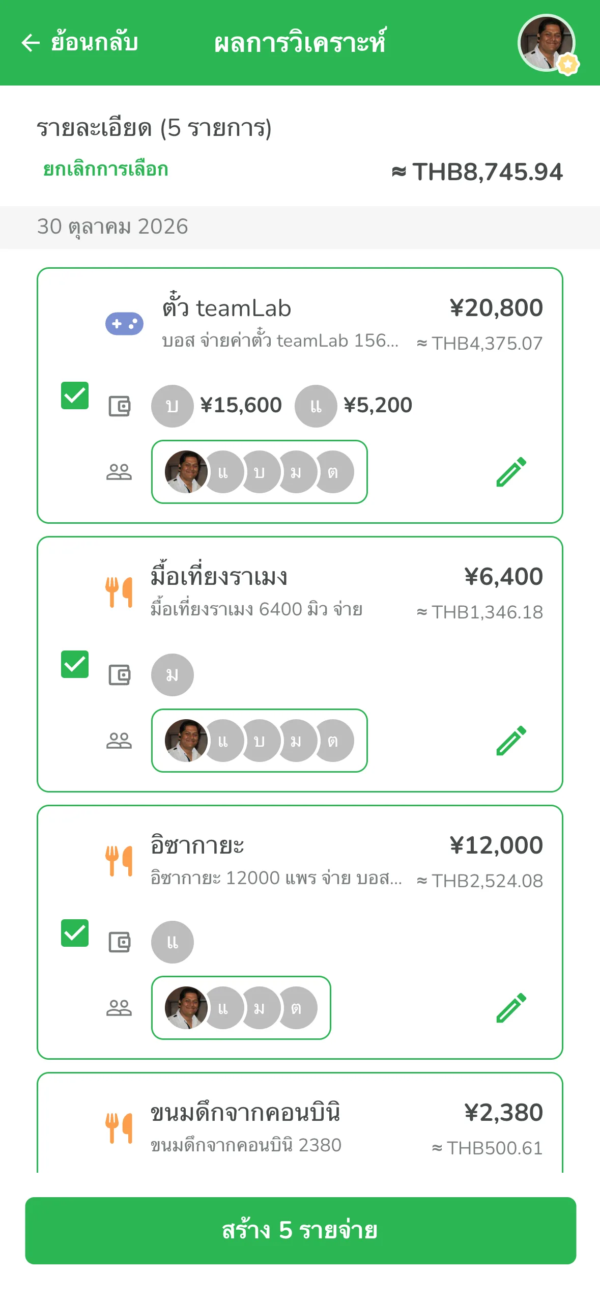 ผลวิเคราะห์จาก AI แยกข้อความเป็น 5 รายการหารบิล พร้อมแปลงเงินเยนเป็นบาท