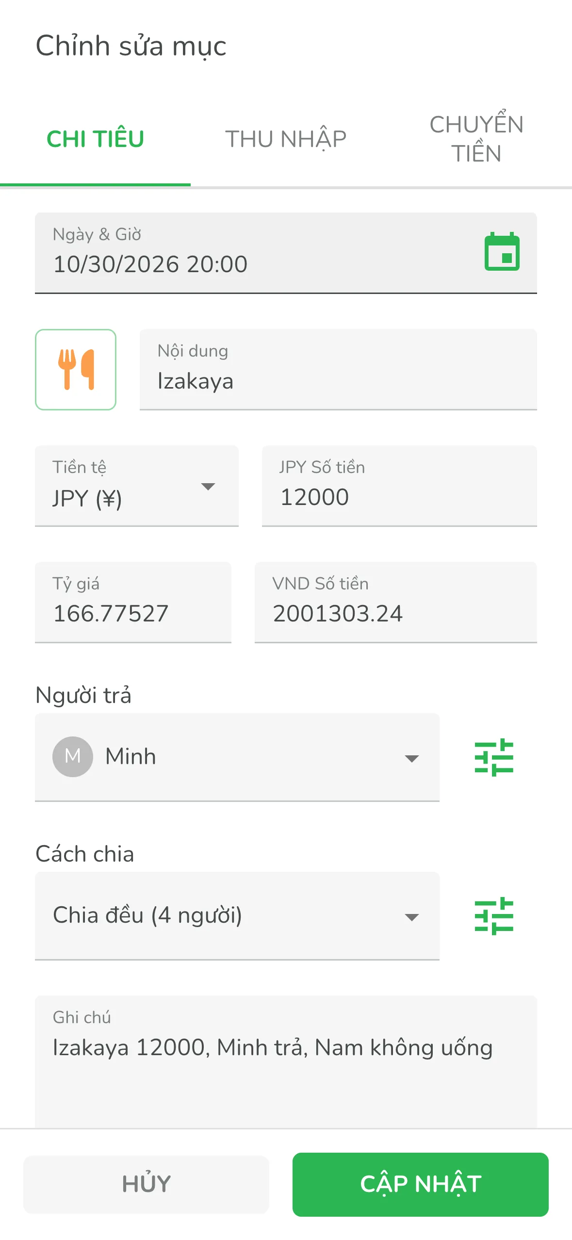 Chỉnh sửa khoản chi AI nhận diện, đổi người trả và cách chia