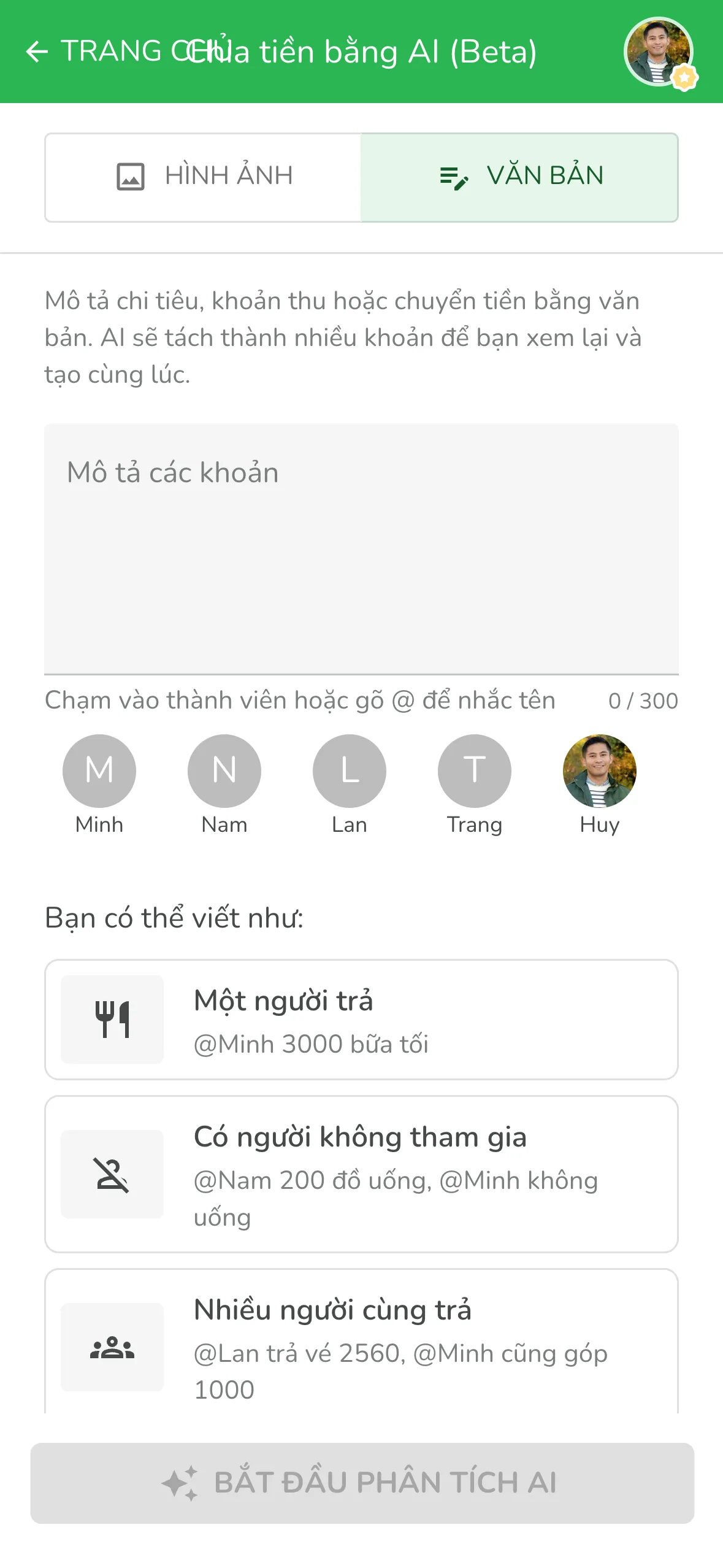 Tab Văn bản trong app chia tiền nhóm Lightsplit, gõ một câu là AI tự tách thành từng khoản