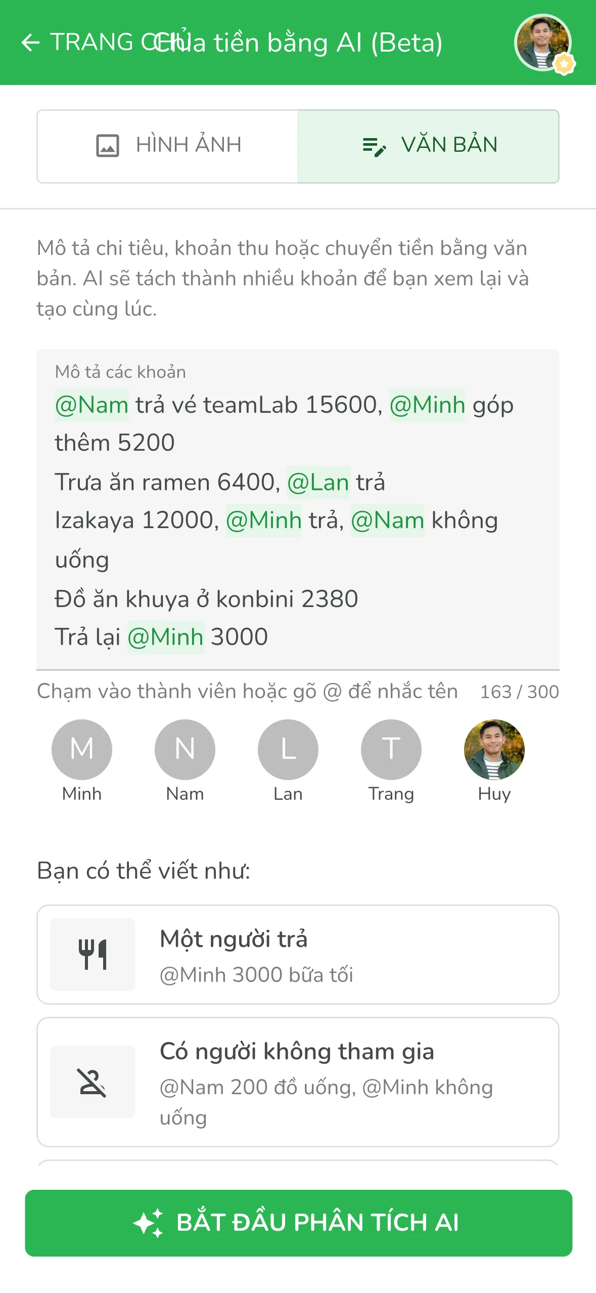 Gõ @ để nhắc tên thành viên trong ô Văn bản, ghi chi tiêu bằng AI cho cả ngày