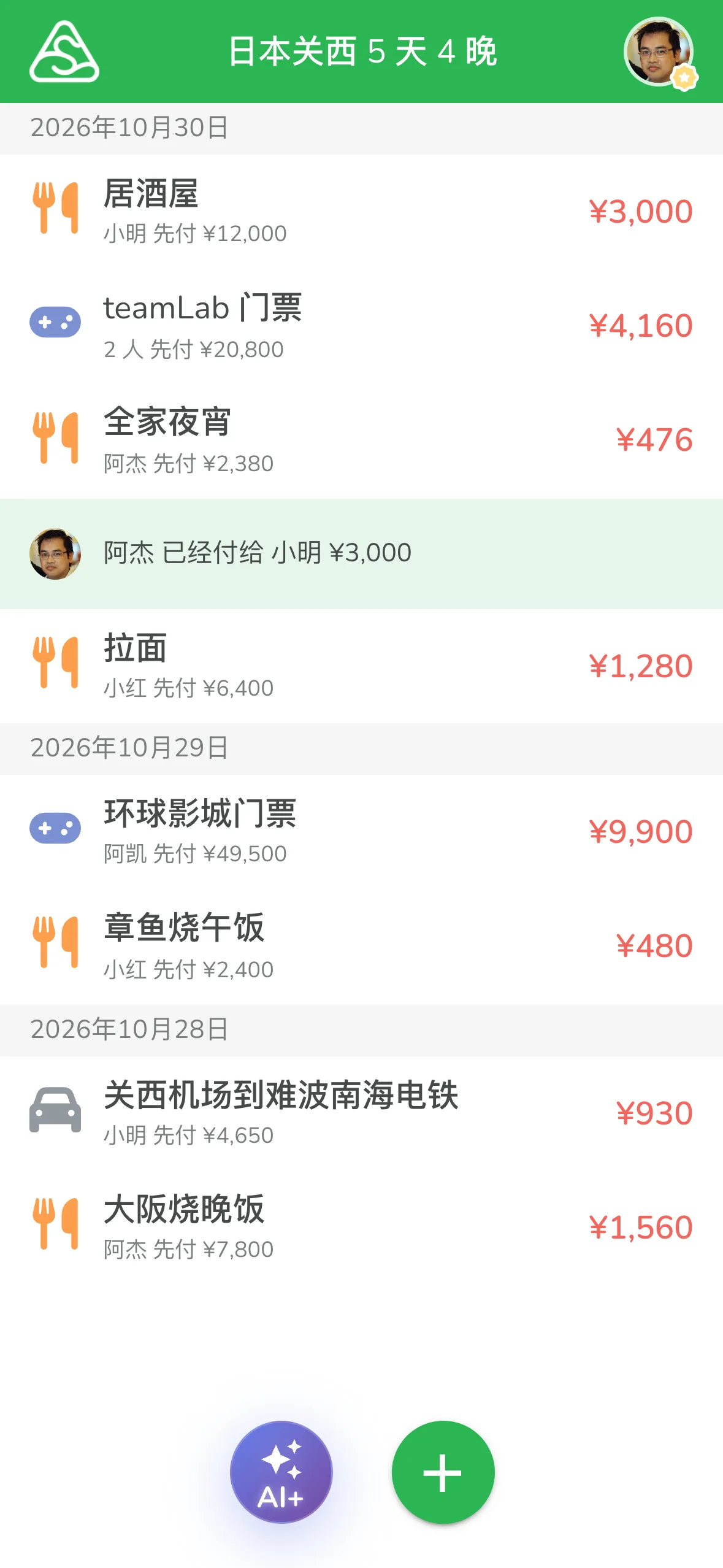 创建完成后,五笔账目出现在分账群组列表里