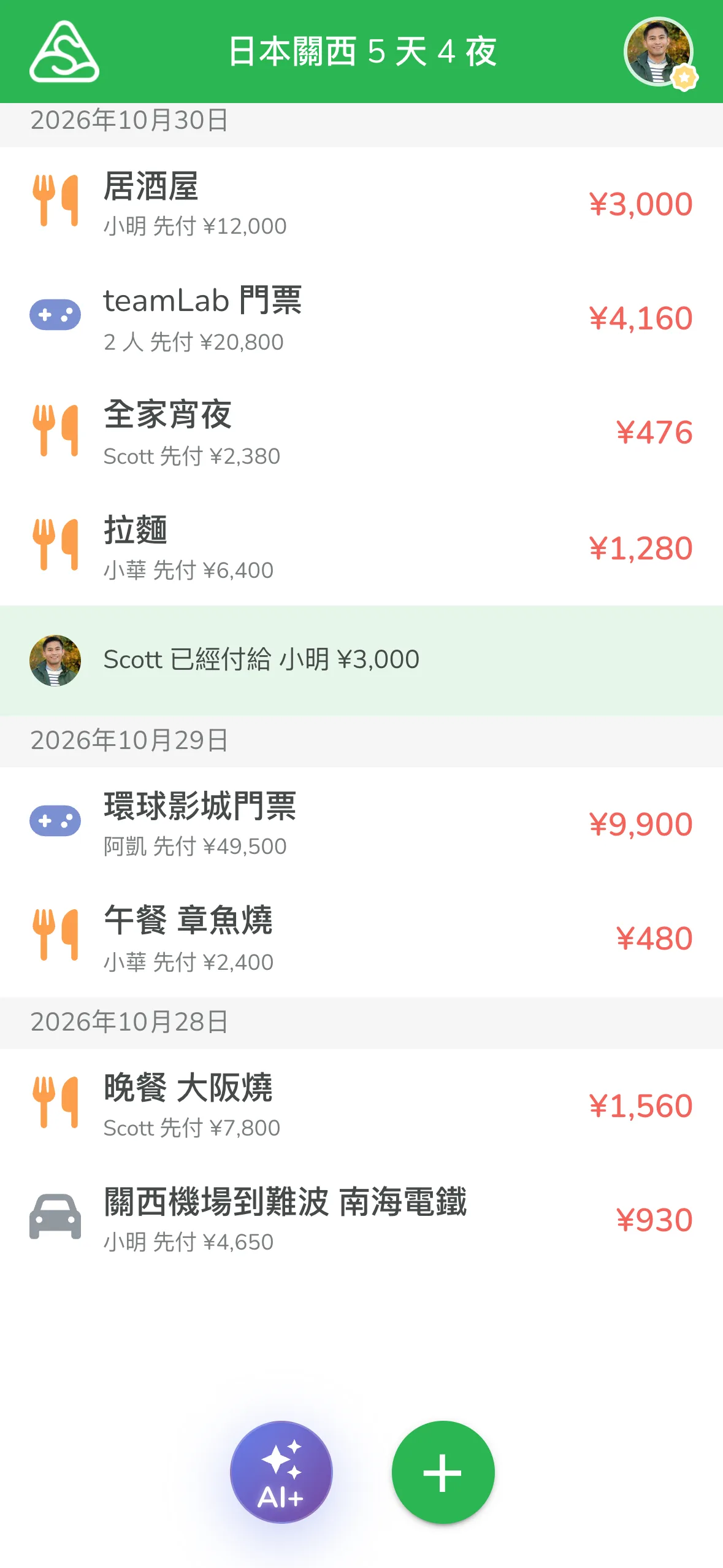 建立完成後,五筆帳目出現在分帳群組列表