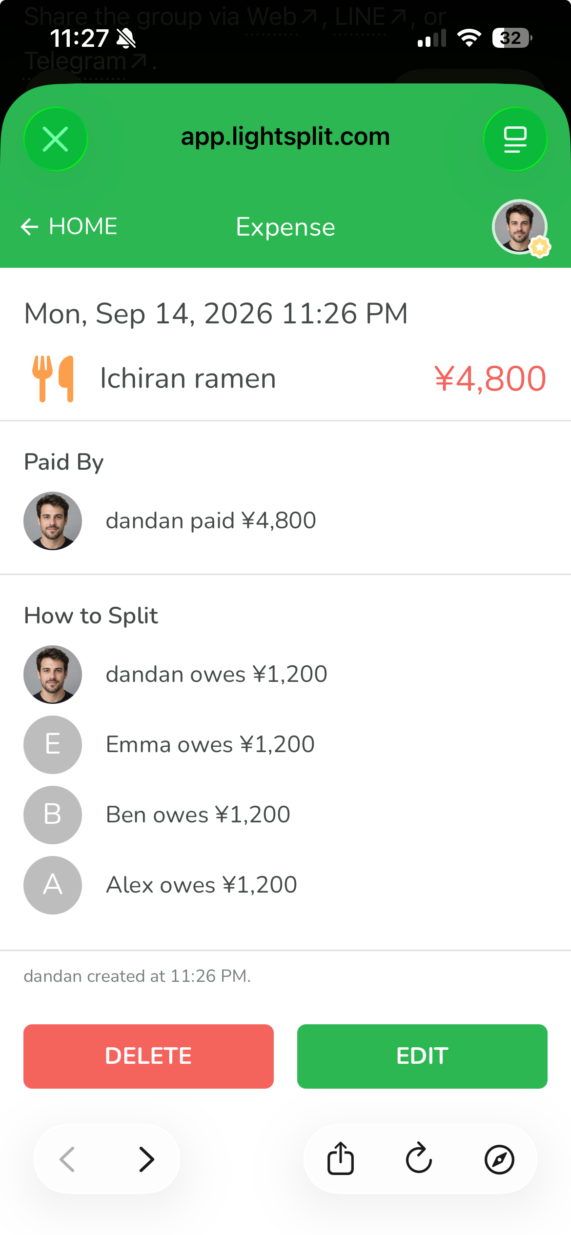 Lightsplit expense details show dandan paid 4800 yen for ramen and each member owes a 1200 yen share