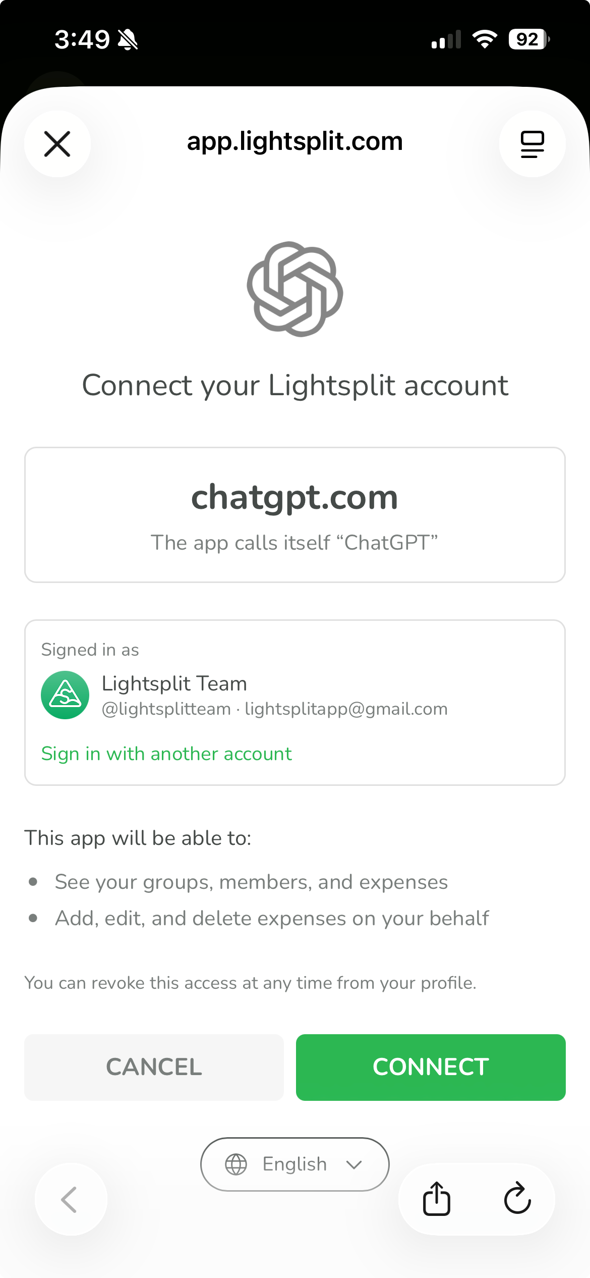 Lightsplit account authorization page for chatgpt.com, with account details, permissions, and the CONNECT button