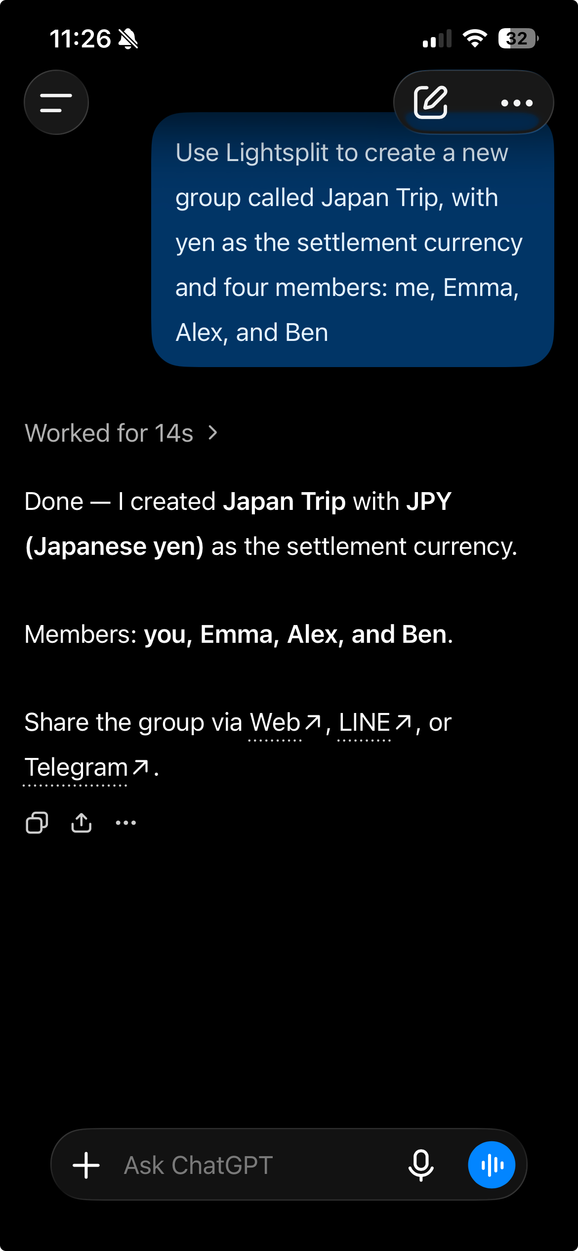 ChatGPT creates the Japan Trip group in Lightsplit with JPY and four members: you, Emma, Alex, and Ben