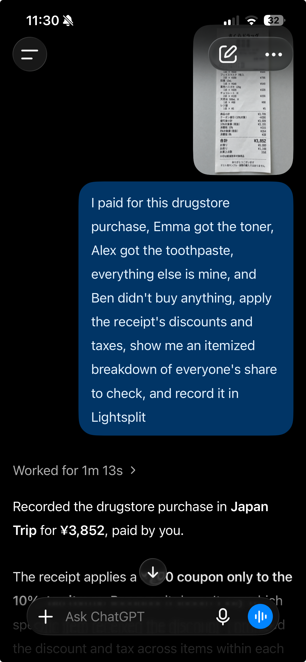 Upload a drugstore receipt and explain who bought each item, then have ChatGPT record the 3852 yen expense in Lightsplit