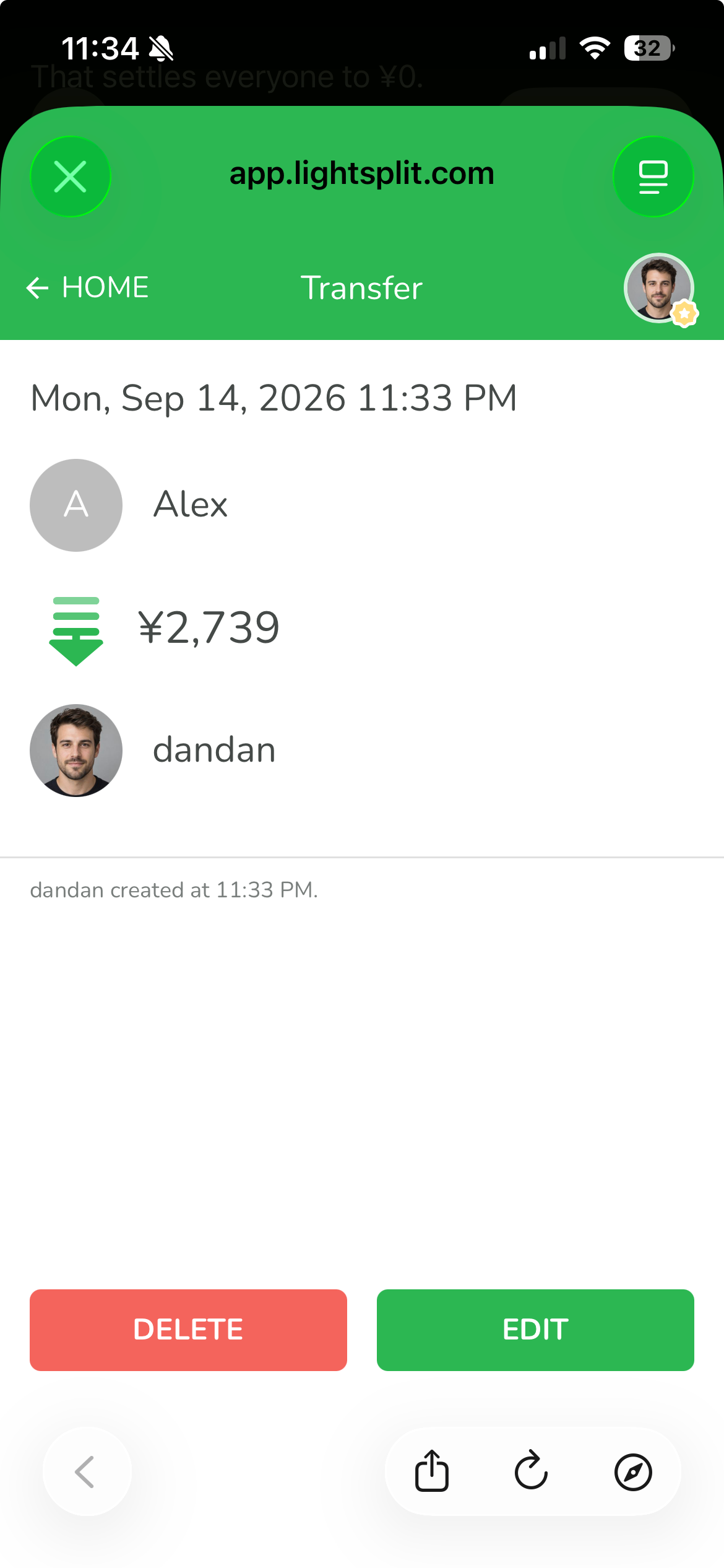 Lightsplit Transfer entry shows Alex paying dandan 2739 yen
