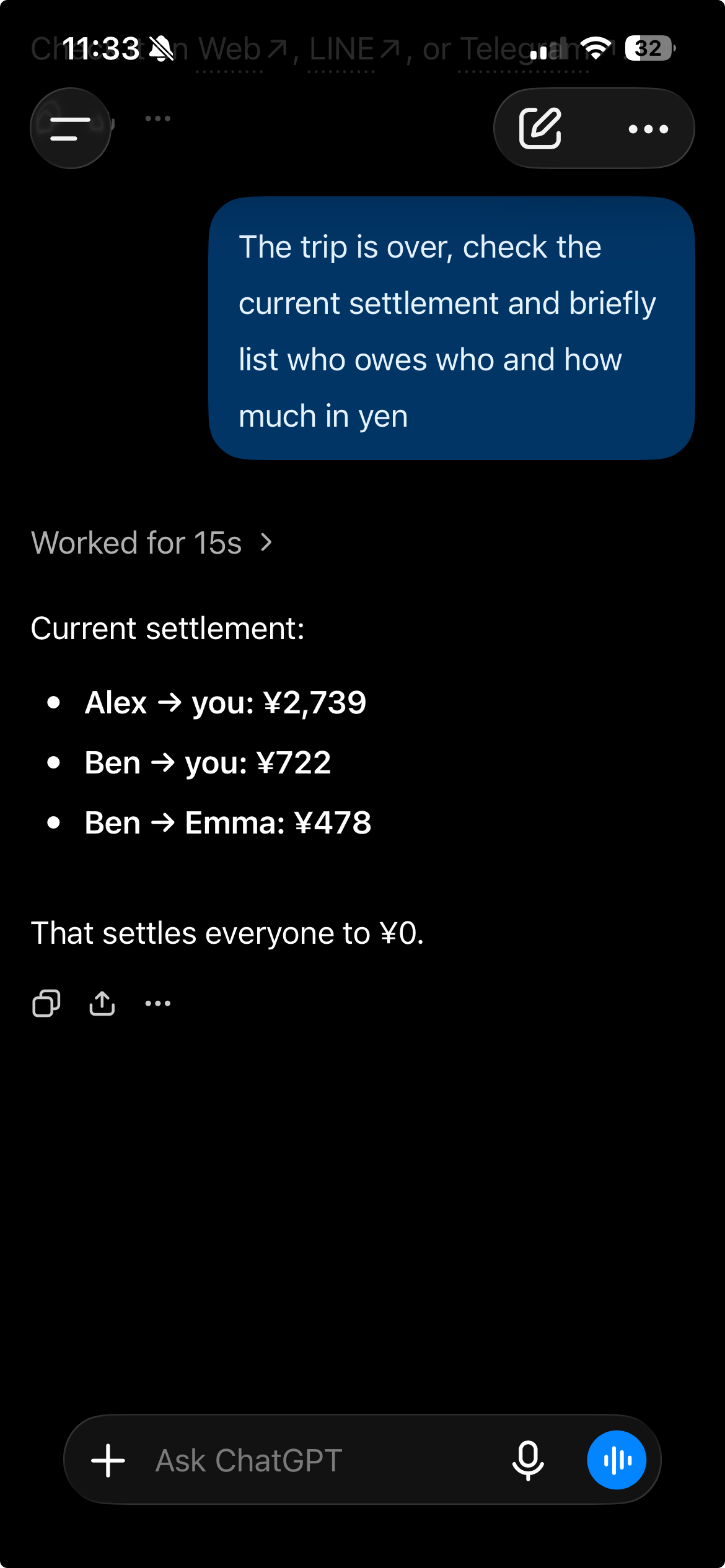 ChatGPT checks Lightsplit and lists Alex paying you 2739 yen, Ben paying you 722 yen, and Ben paying Emma 478 yen