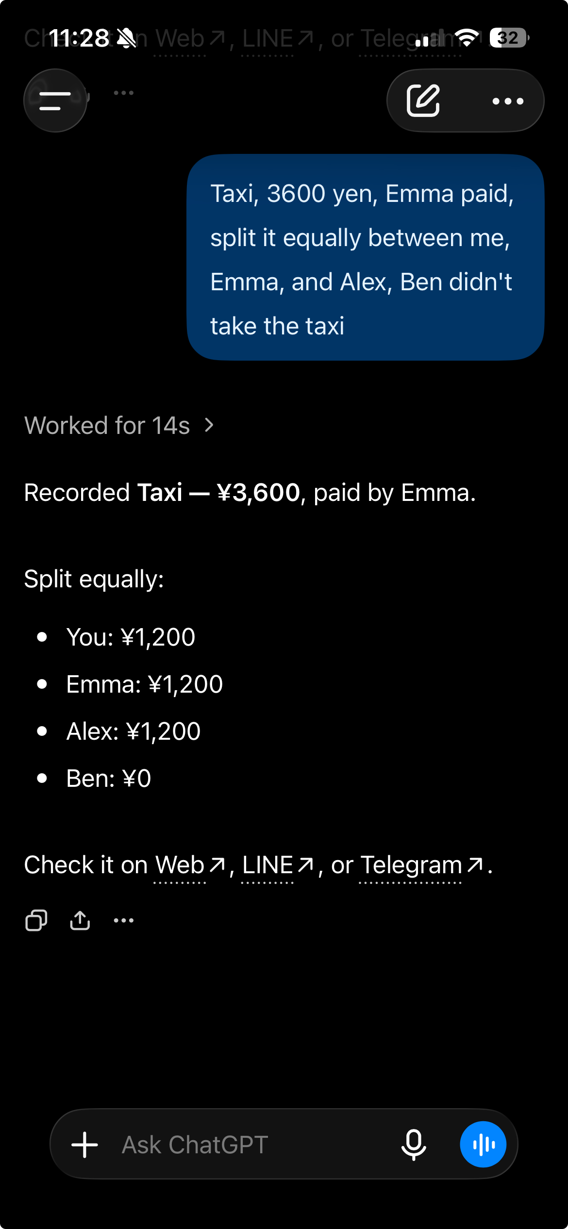 ChatGPT records the taxi expense with Emma as payer, three shares of 1200 yen, and no share for Ben