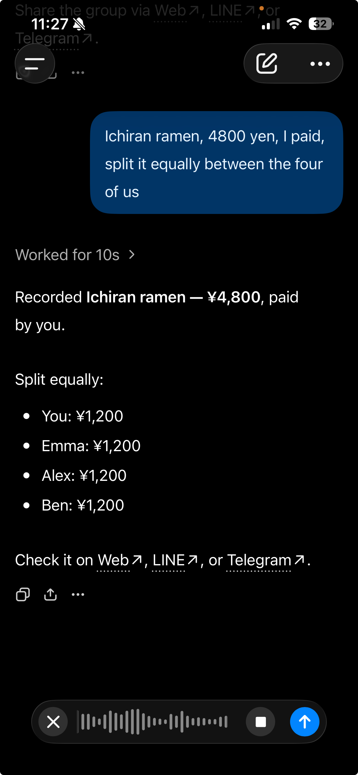 ChatGPT voice input is recording the taxi expense request, with an audio waveform at the bottom
