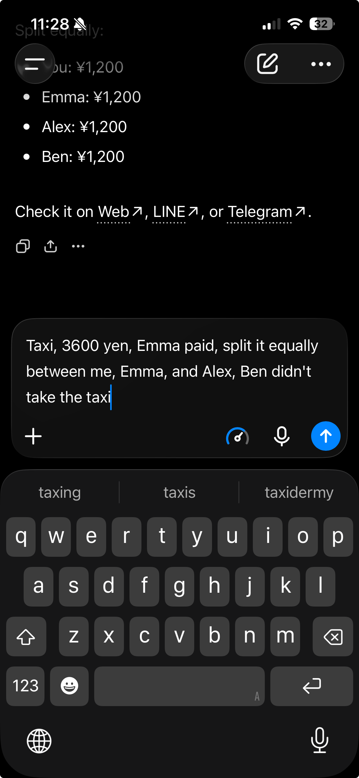 Review the transcribed taxi request for 3600 yen, paid by Emma and split three ways, before sending