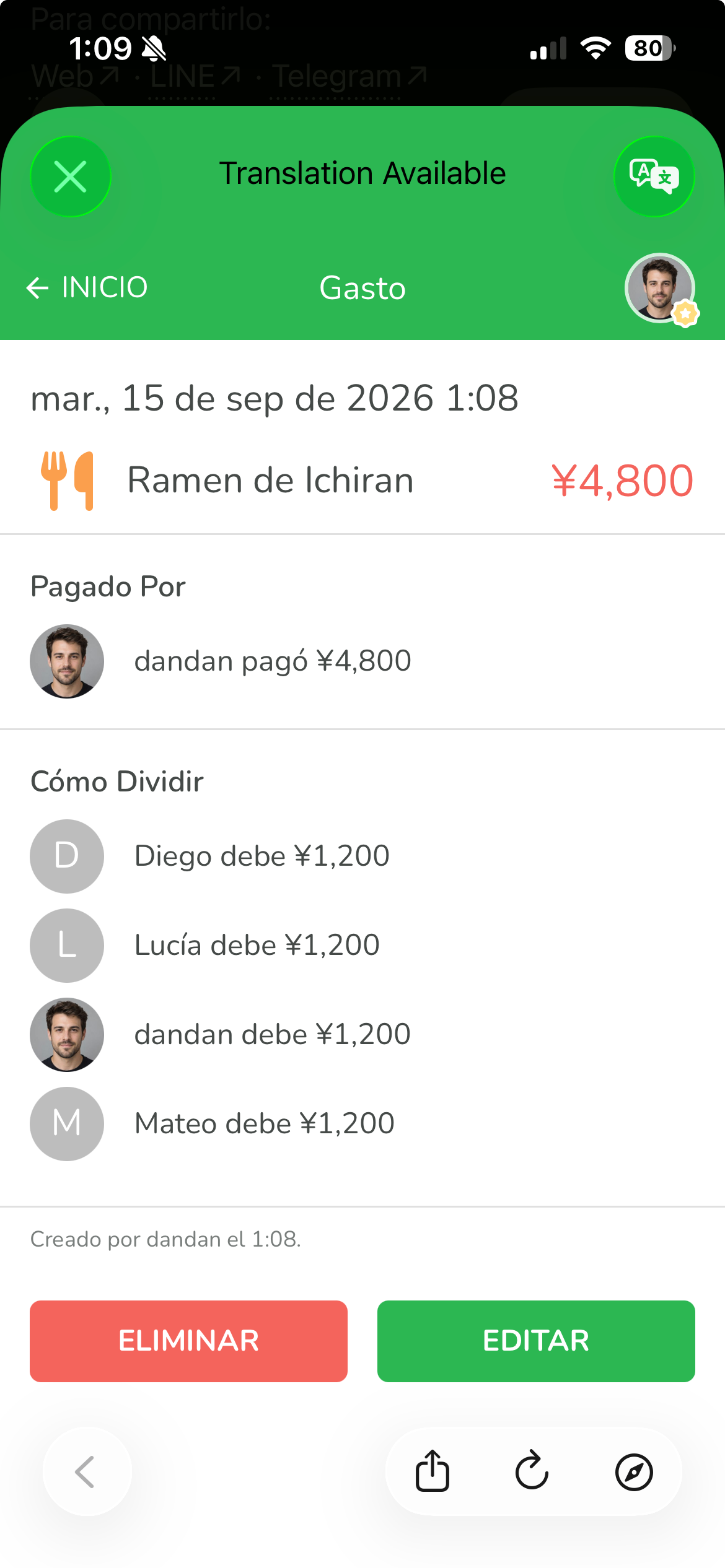 Detalle del gasto en Lightsplit con dandan como pagador y cuatro partes de 1200 yenes