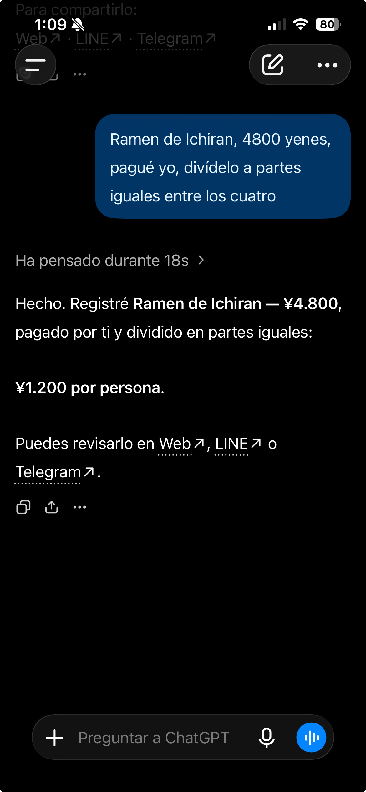 ChatGPT registra el ramen de Ichiran por 4800 yenes, pagado por ti y dividido entre cuatro personas