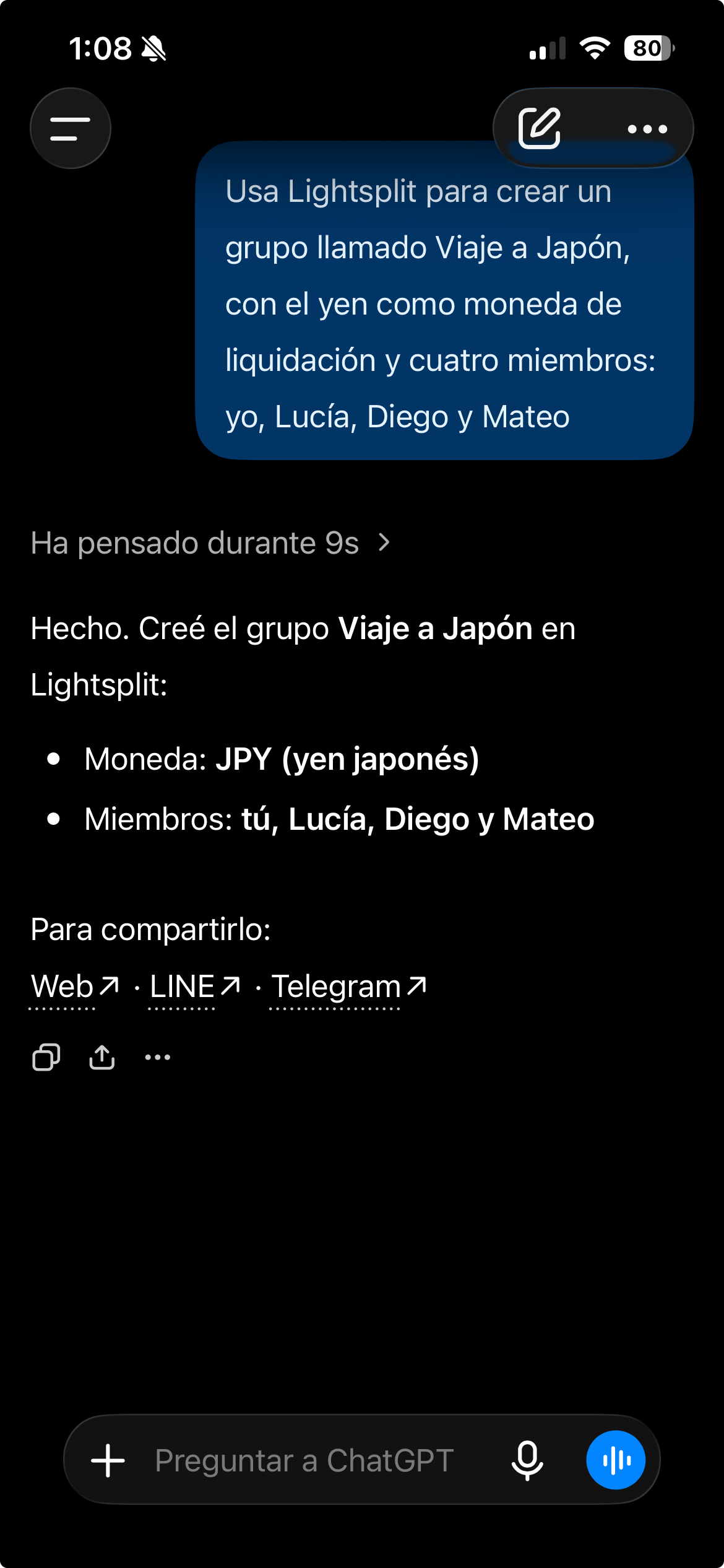 ChatGPT crea Viaje a Japón en Lightsplit con JPY y cuatro miembros: tú, Lucía, Diego y Mateo