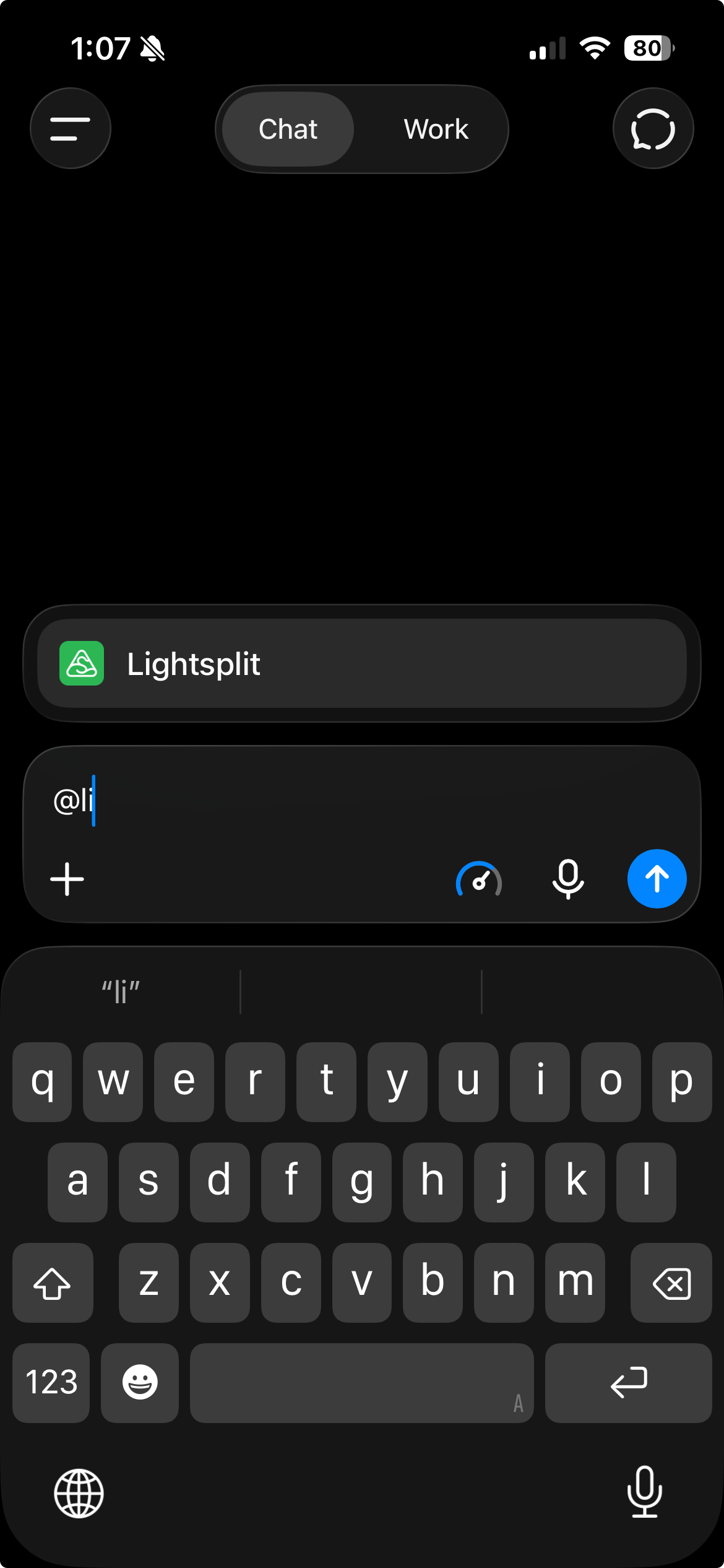 Escribir @li en ChatGPT para seleccionar Lightsplit entre los complementos sugeridos