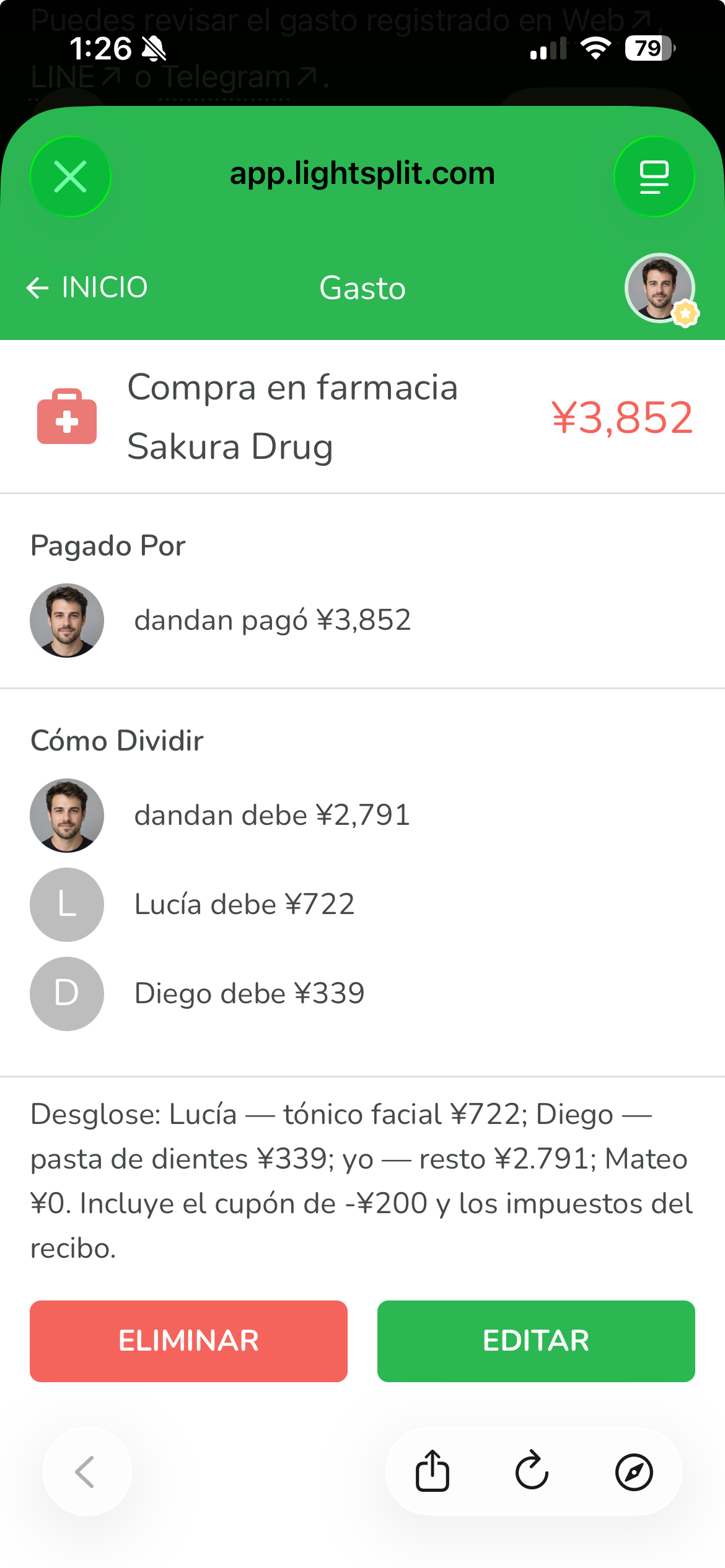 Lightsplit muestra las partes de 2791, 722 y 339 yenes y una nota con el desglose, el cupón y los impuestos