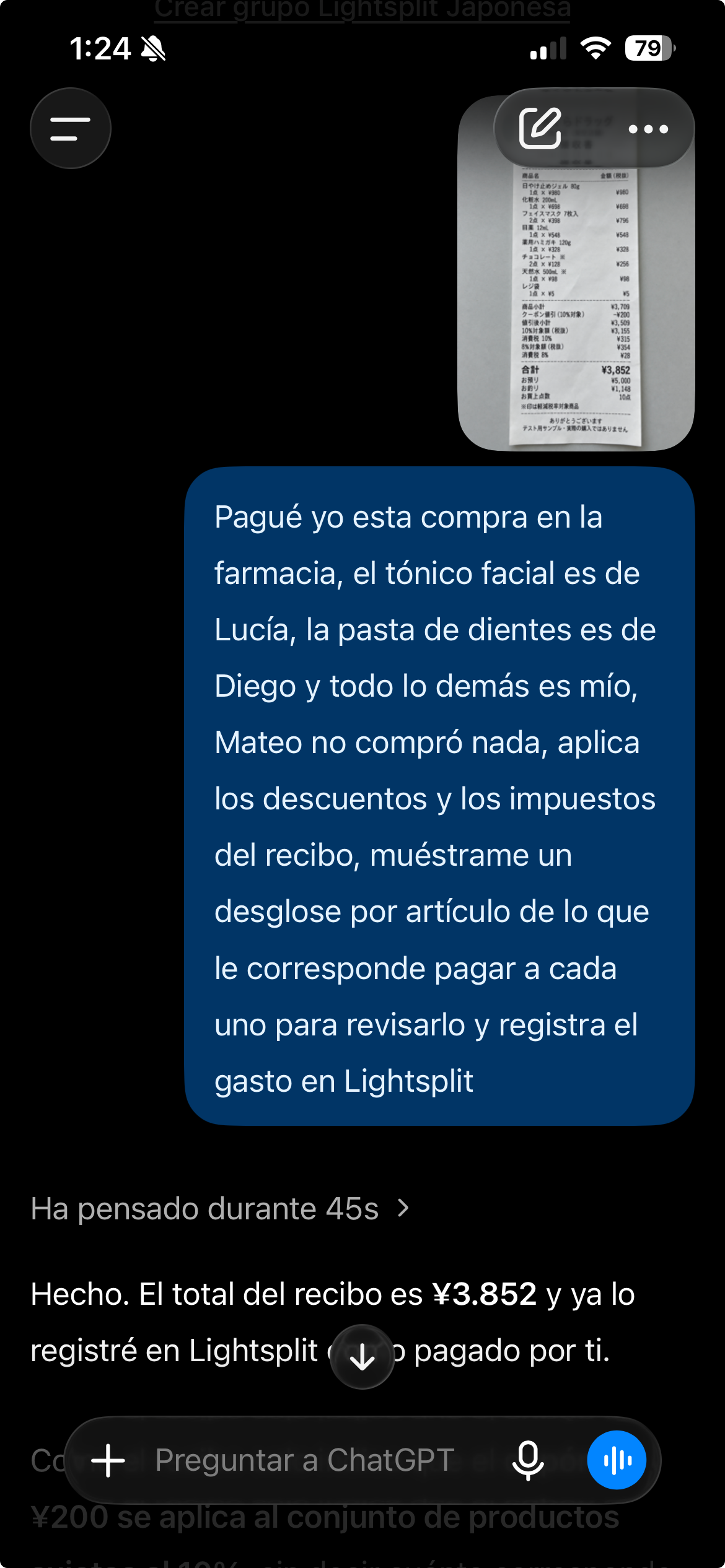 Foto del recibo y petición de reparto por artículo para registrar una compra de 3852 yenes en Lightsplit