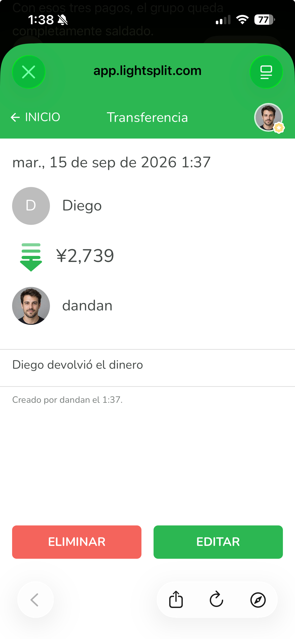 Transferencia de Lightsplit de Diego a dandan por 2739 yenes con la nota Diego devolvió el dinero