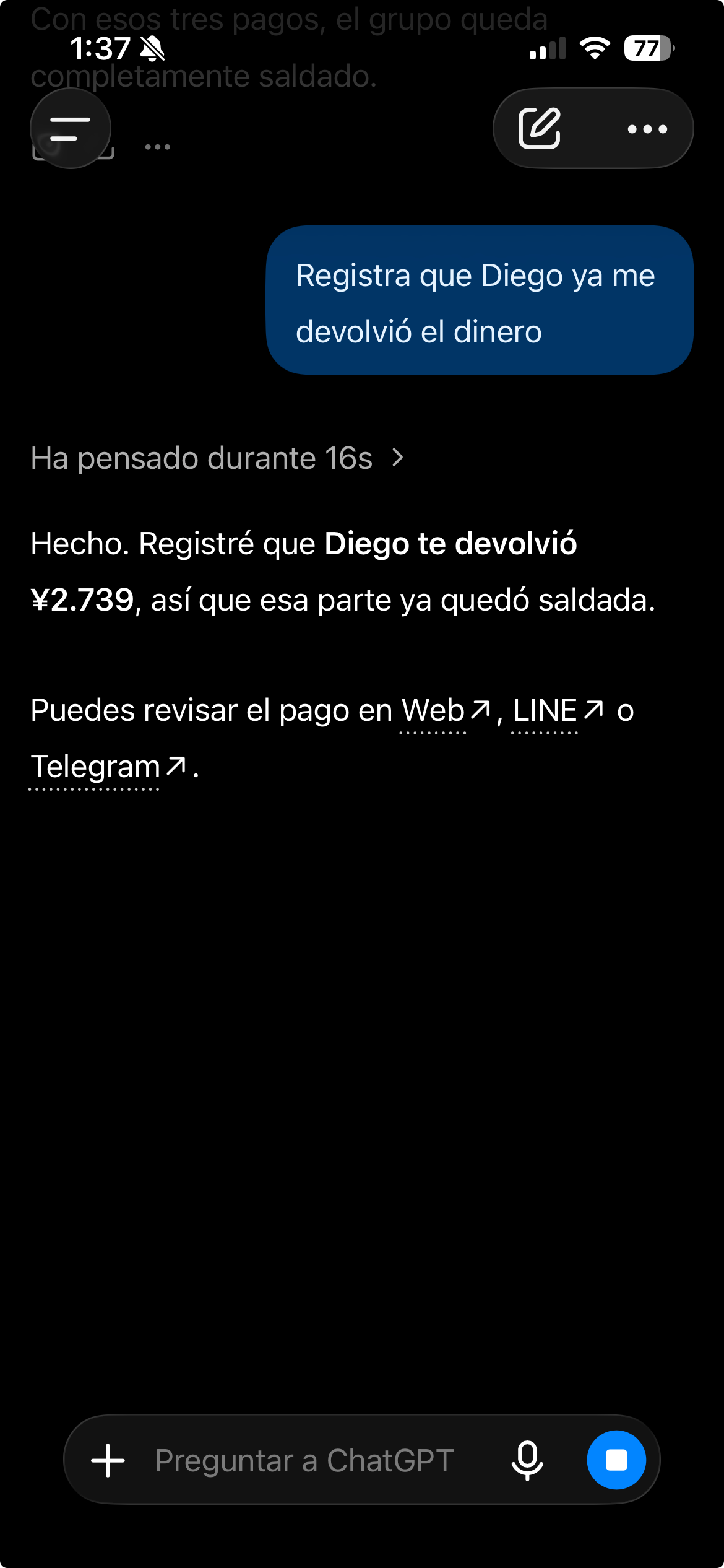ChatGPT confirma que Diego te devolvió 2739 yenes y que su parte ya está saldada
