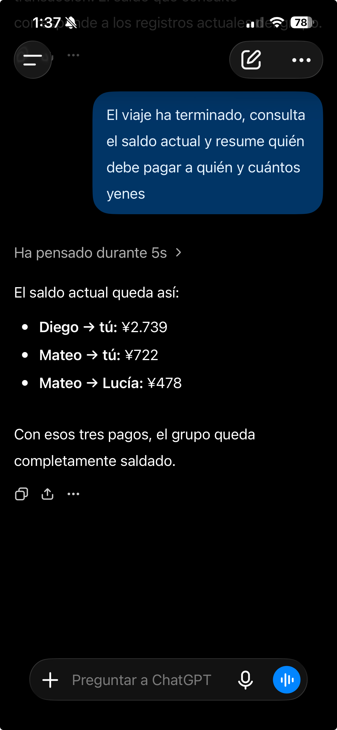 ChatGPT consulta el saldo: Diego te paga 2739 yenes, Mateo te paga 722 y Mateo paga a Lucía 478