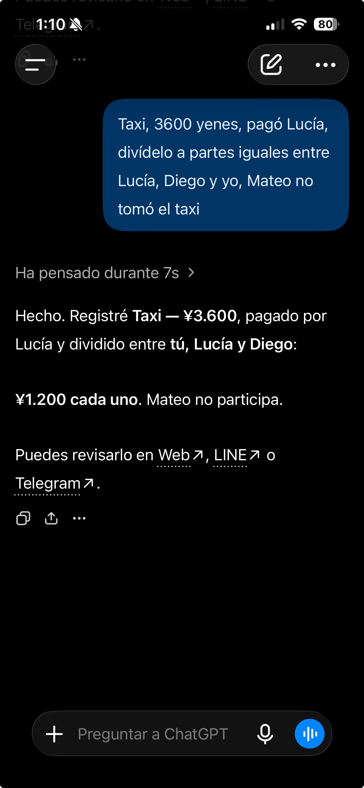 ChatGPT registra el taxi pagado por Lucía, dividido en tres partes de 1200 yenes y sin participación de Mateo