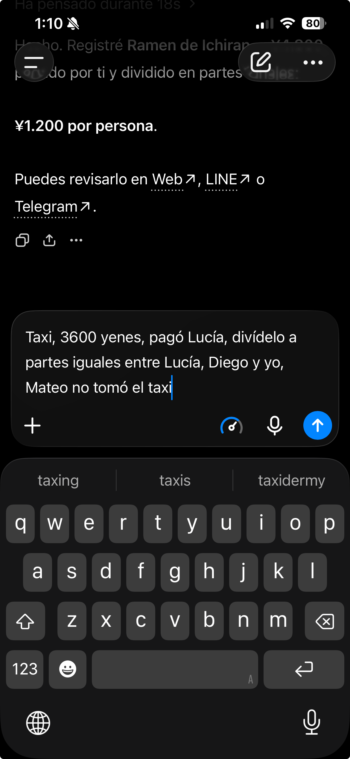 Revisión del texto dictado antes de enviar el taxi de 3600 yenes pagado por Lucía, sin incluir a Mateo