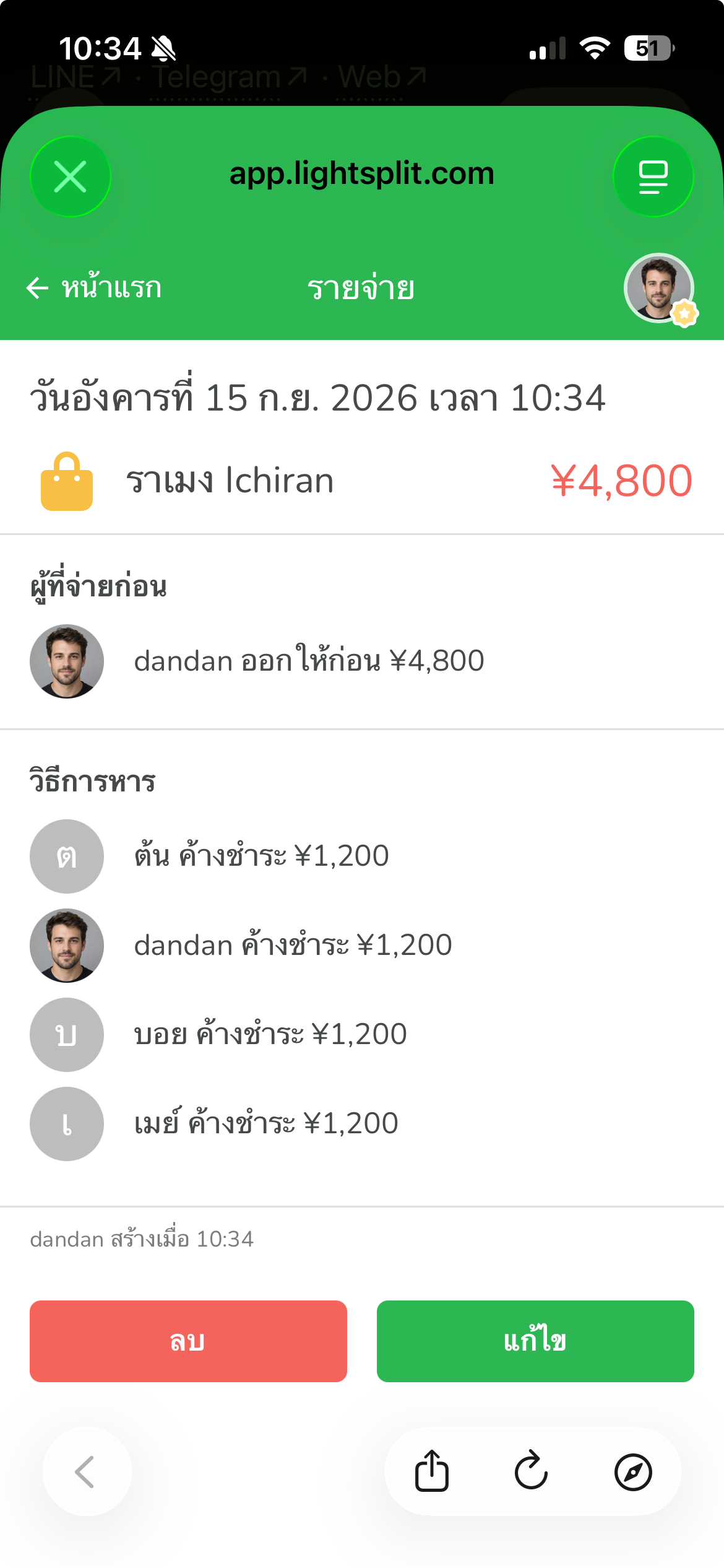 รายละเอียดรายจ่ายใน Lightsplit แสดงว่า dandan จ่าย 4800 เยน และสมาชิกแต่ละคนรับผิดชอบ 1200 เยน