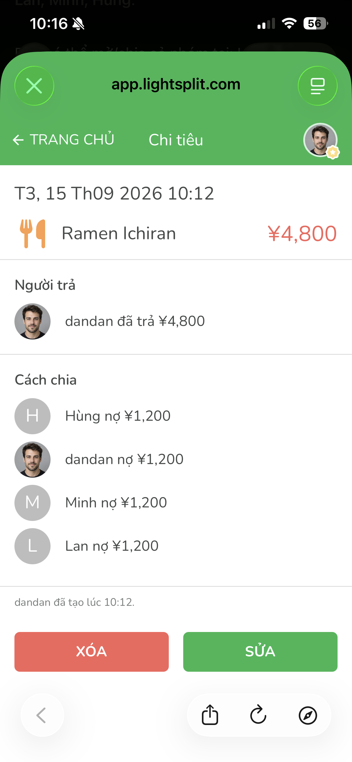 Chi tiết Lightsplit cho thấy dandan trả 4800 JPY và mỗi thành viên chịu 1200 JPY