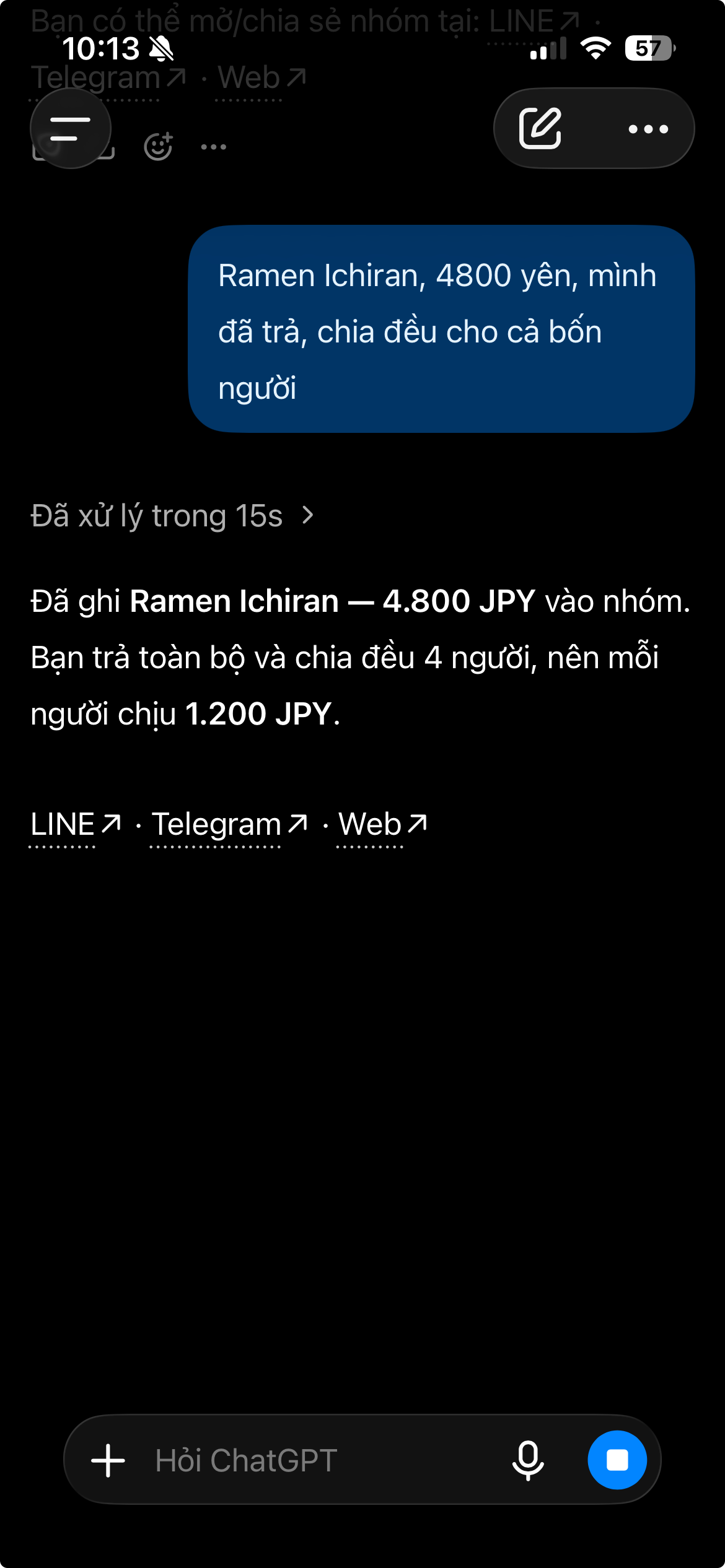 ChatGPT ghi tiền ramen Ichiran 4800 JPY do bạn trả và chia đều cho bốn người