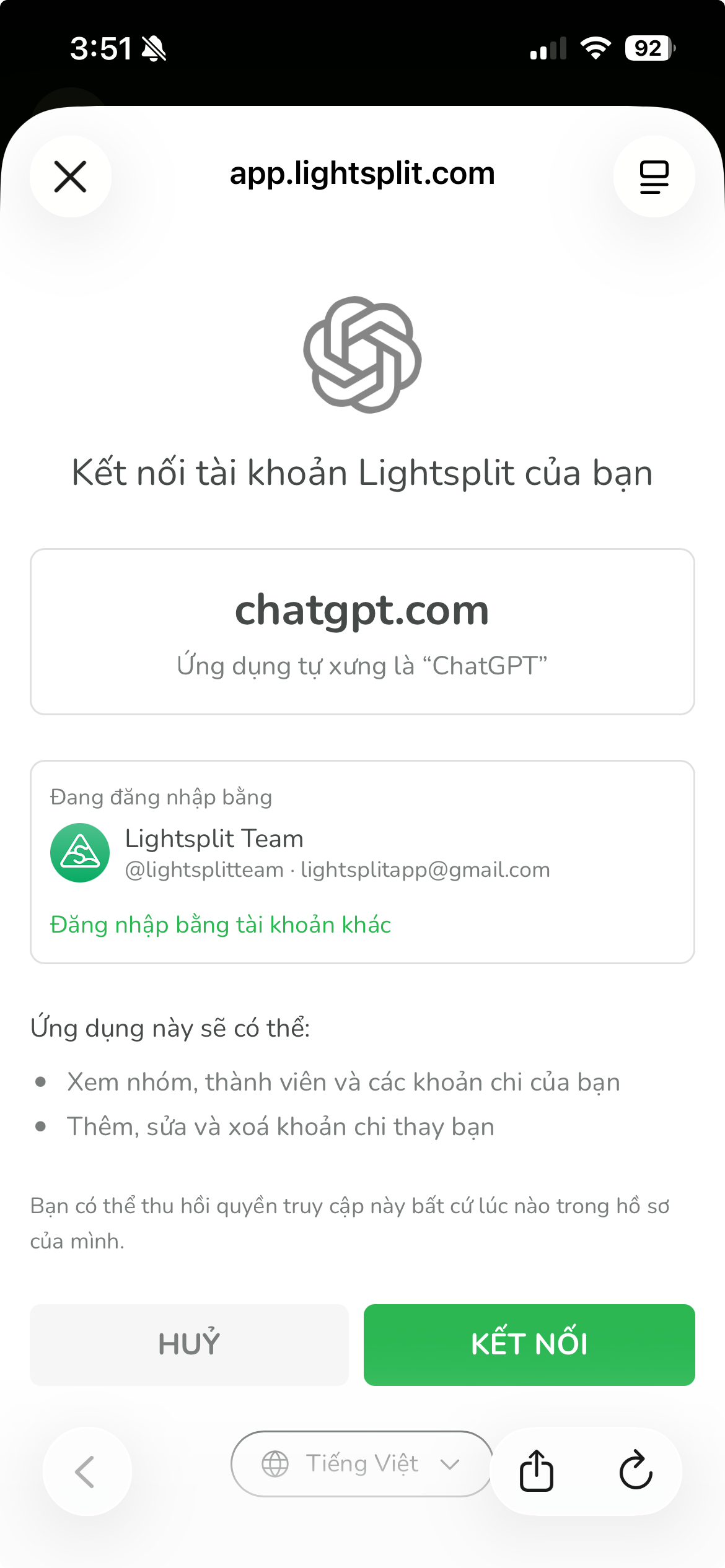 Trang kết nối tài khoản Lightsplit với chatgpt.com, các quyền truy cập và nút KẾT NỐI