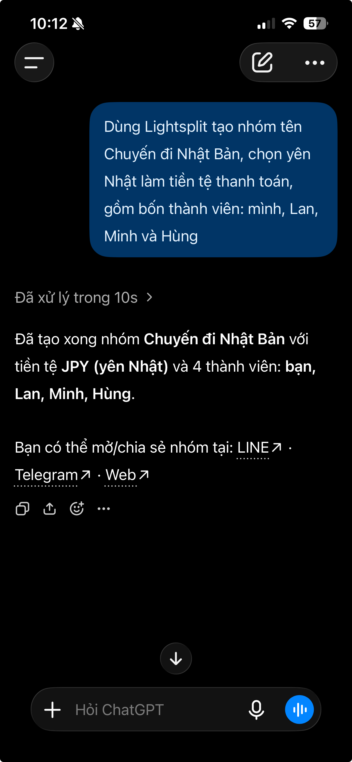 ChatGPT tạo nhóm Chuyến đi Nhật Bản trong Lightsplit với tiền tệ JPY và bốn thành viên: bạn, Lan, Minh, Hùng