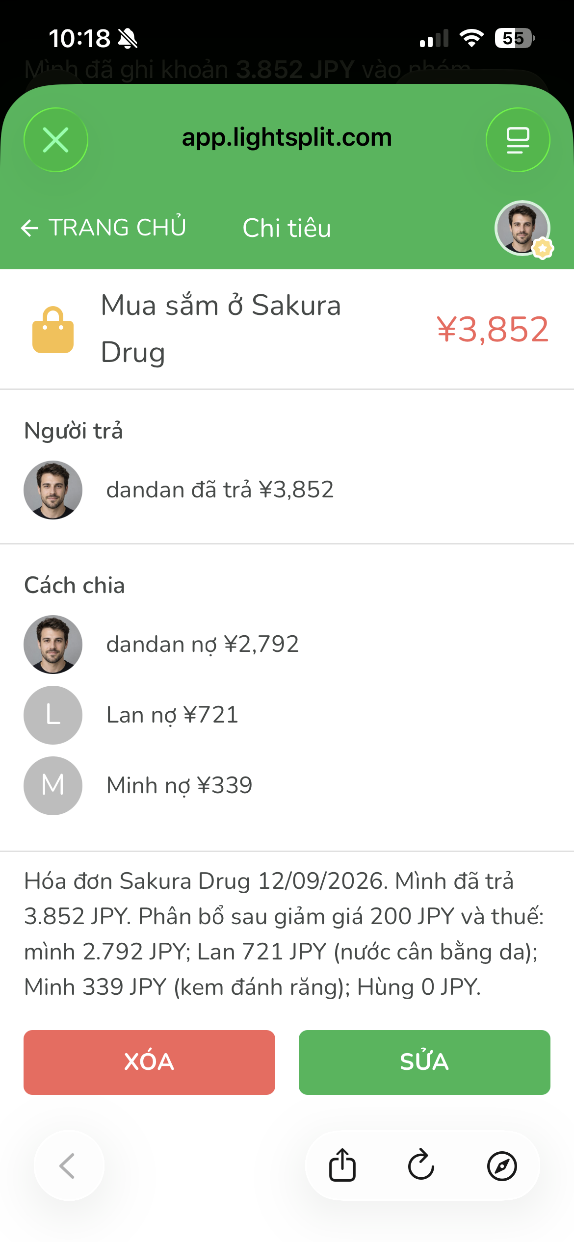 Lightsplit ghi khoản mua sắm Sakura Drug với các phần 2792, 721 và 339 JPY cùng ghi chú chi tiết