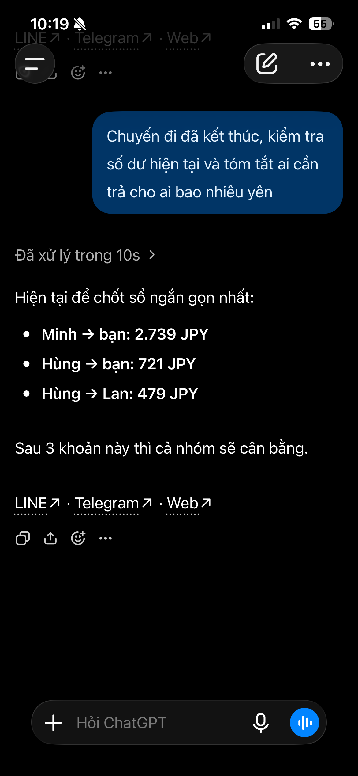 ChatGPT tính cách chốt nợ: Minh trả bạn 2739 JPY, Hùng trả bạn 721 JPY và trả Lan 479 JPY