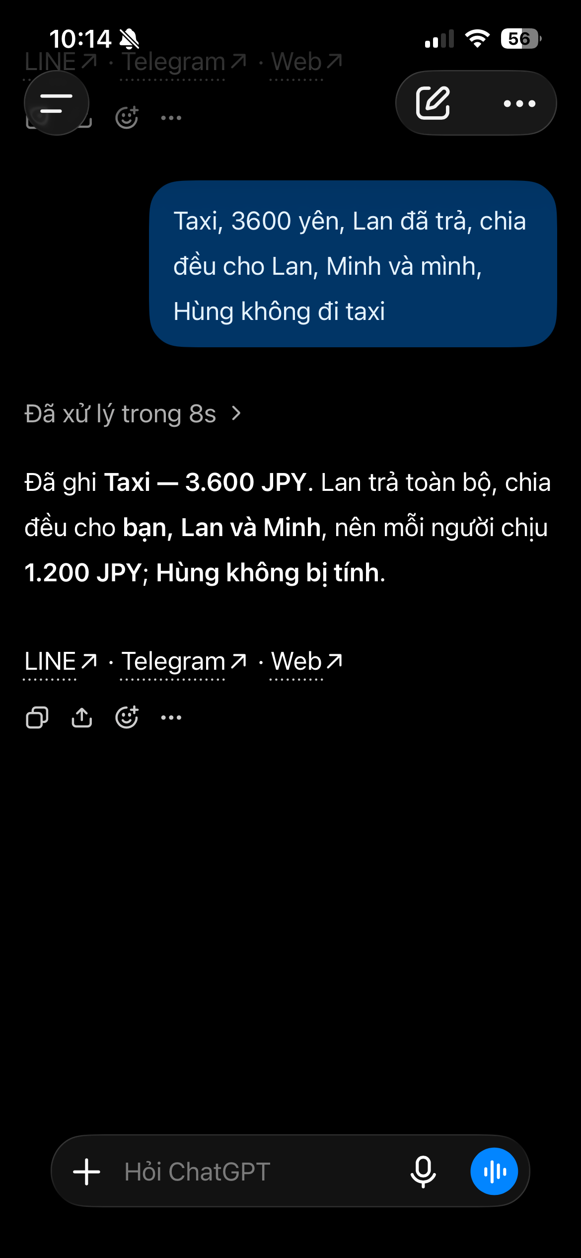 ChatGPT ghi tiền taxi 3600 JPY do Lan trả, chia đều cho bạn, Lan và Minh, không tính Hùng