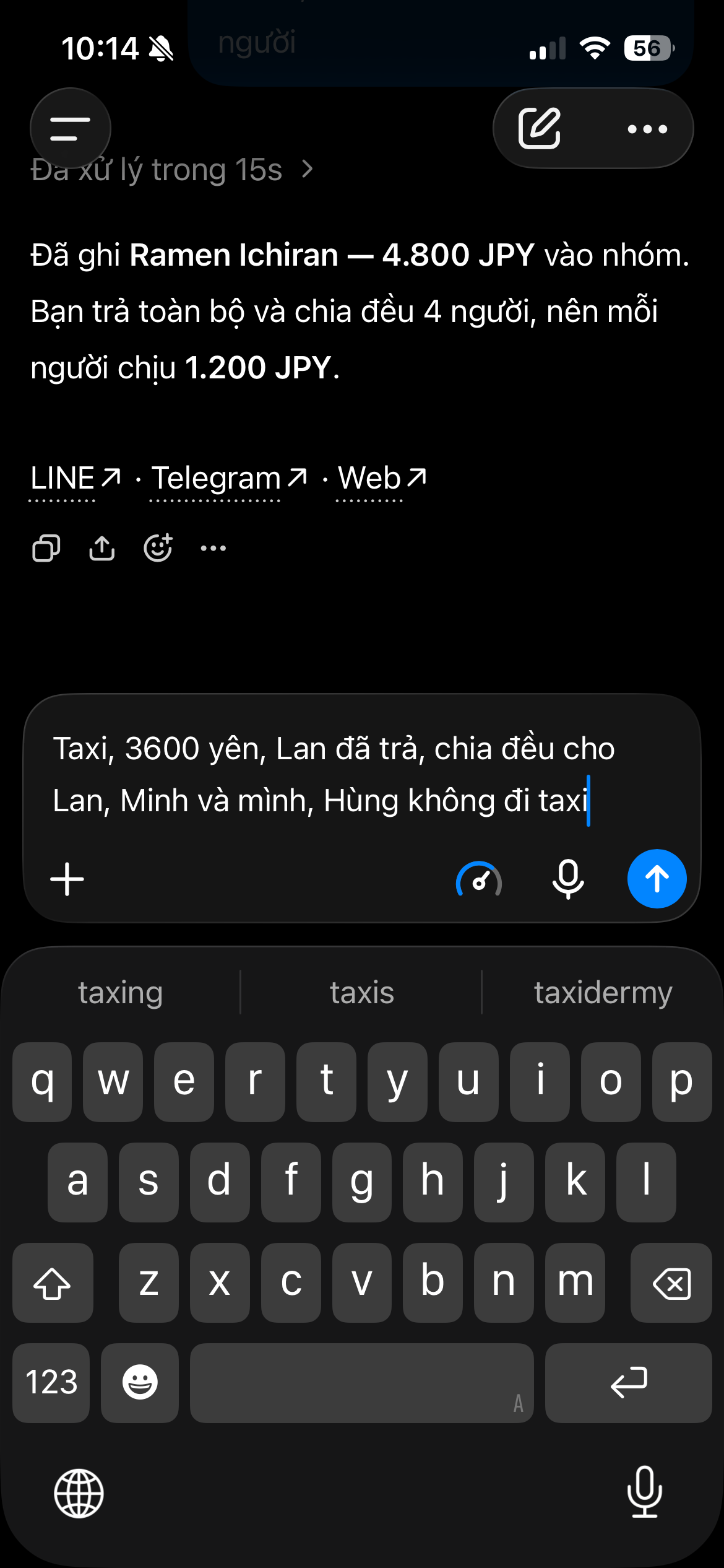 Kiểm tra văn bản nhận dạng giọng nói: taxi 3600 yên do Lan trả, chia cho ba người và không tính Hùng