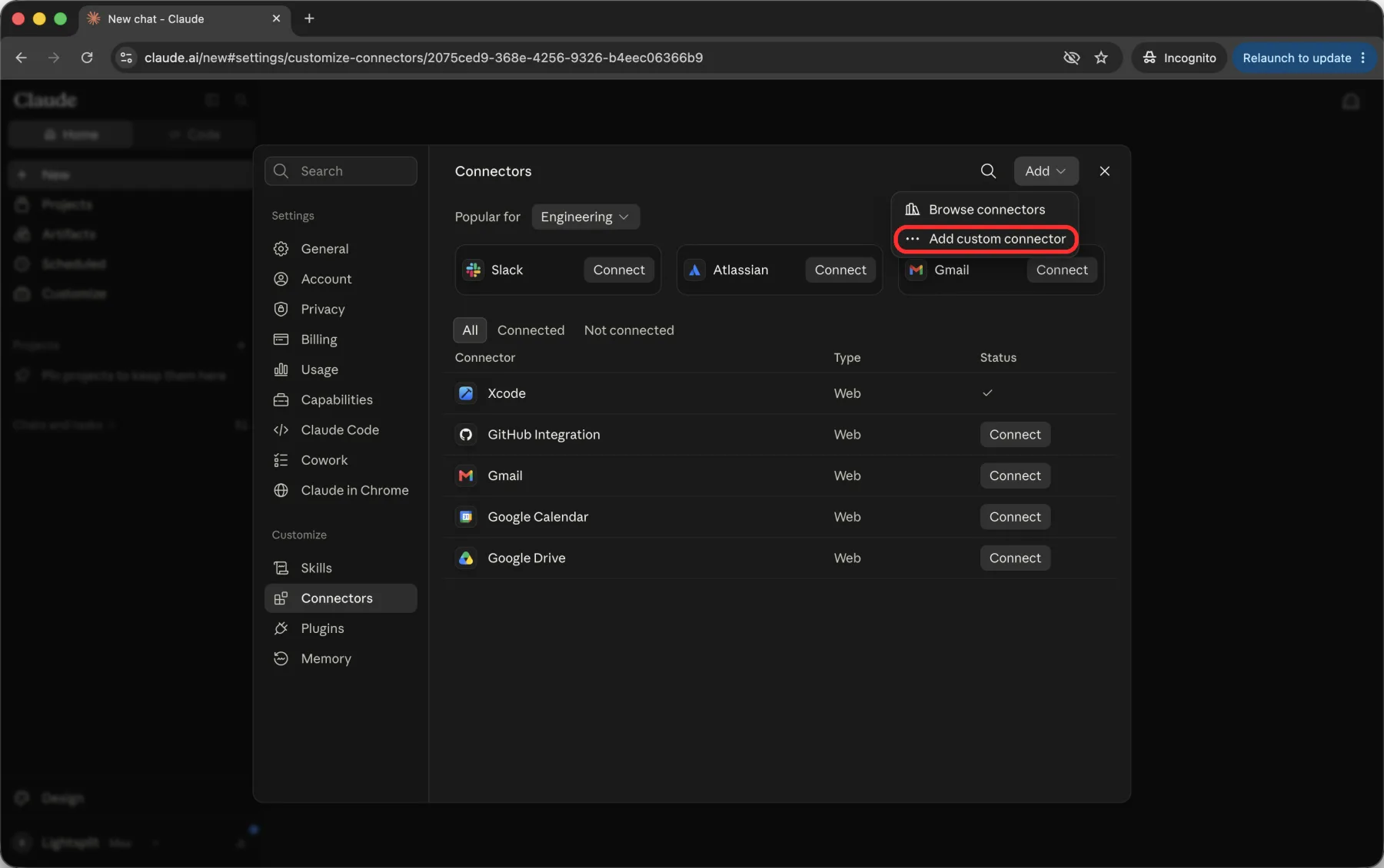 The Add menu in Claude Connectors, showing the Add custom connector option