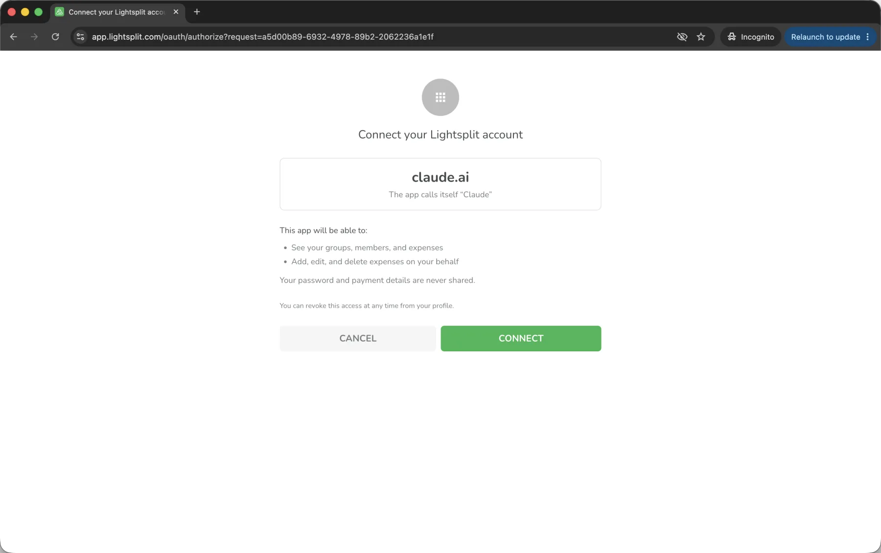 The Lightsplit approval screen granting claude.ai access to your expenses