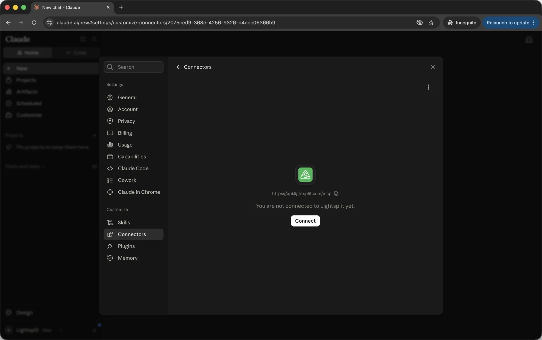 Claude showing you are not connected to Lightsplit yet, with a Connect button