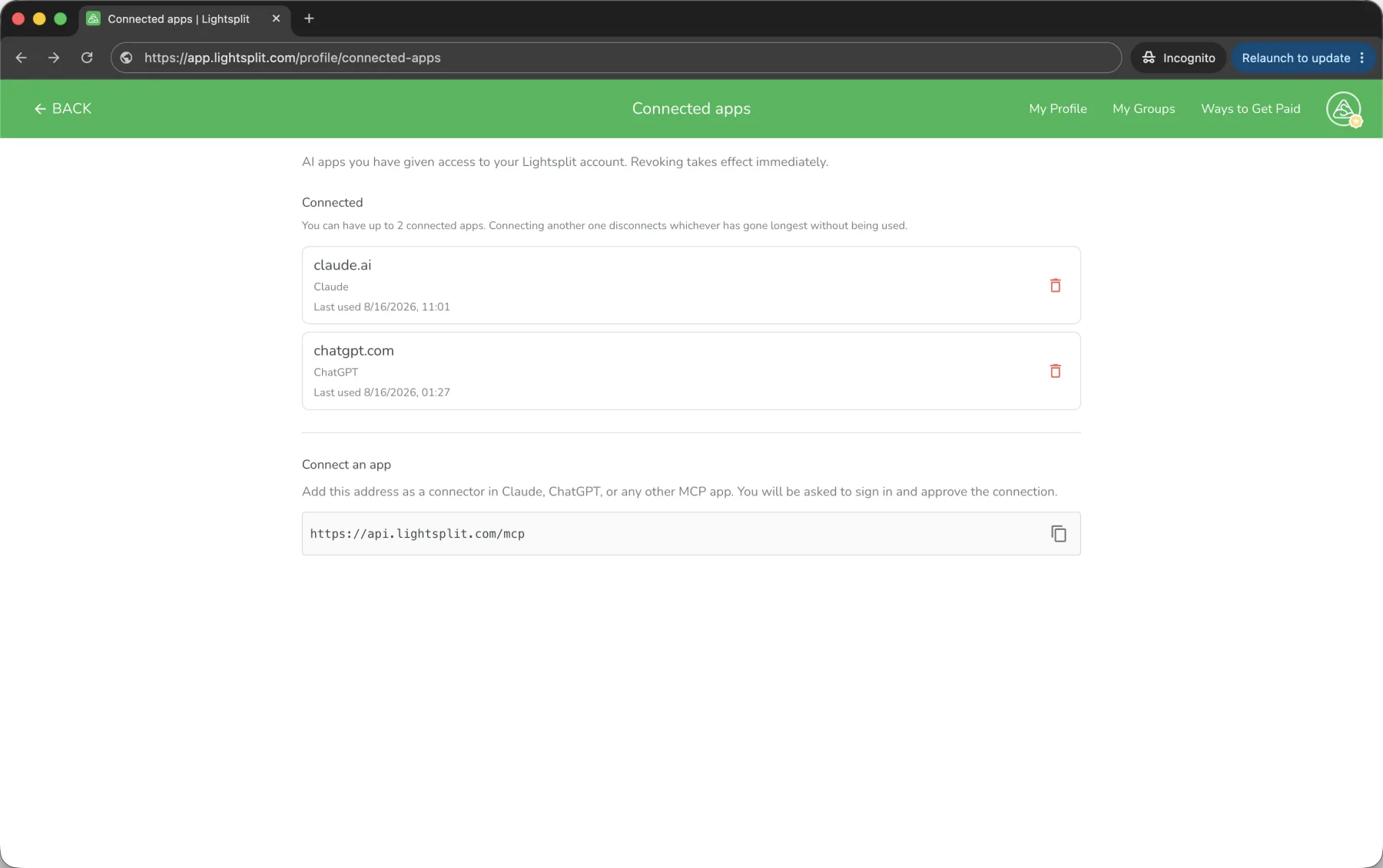 The Lightsplit connected apps page, where you can revoke Claude's access
